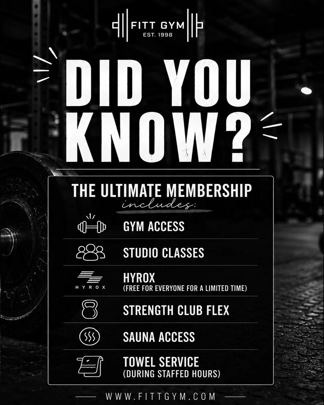 Did you know your Ultimate Membership comes with a whole lot more than just gym access? 👀💪

Your membership includes:

🏋️ Gym Access
🔥 Studio Classes
⚡ HYROX &mdash; FREE for everyone for a limited time!
💪 Strength Club Flex
🧖 Sauna Access
🧺 T