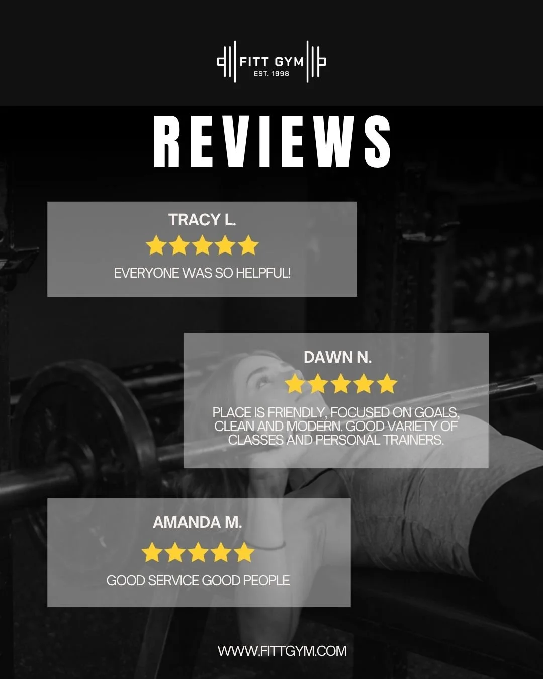 Our members say it best! ⭐⭐⭐⭐⭐ 

Friendly faces, helpful staff, a clean and modern space, plenty of classes, and a team that&rsquo;s here to help you work toward your goals. 💪

Thank you to Tracy, Dawn, Amanda, and all of our FITT members who take t