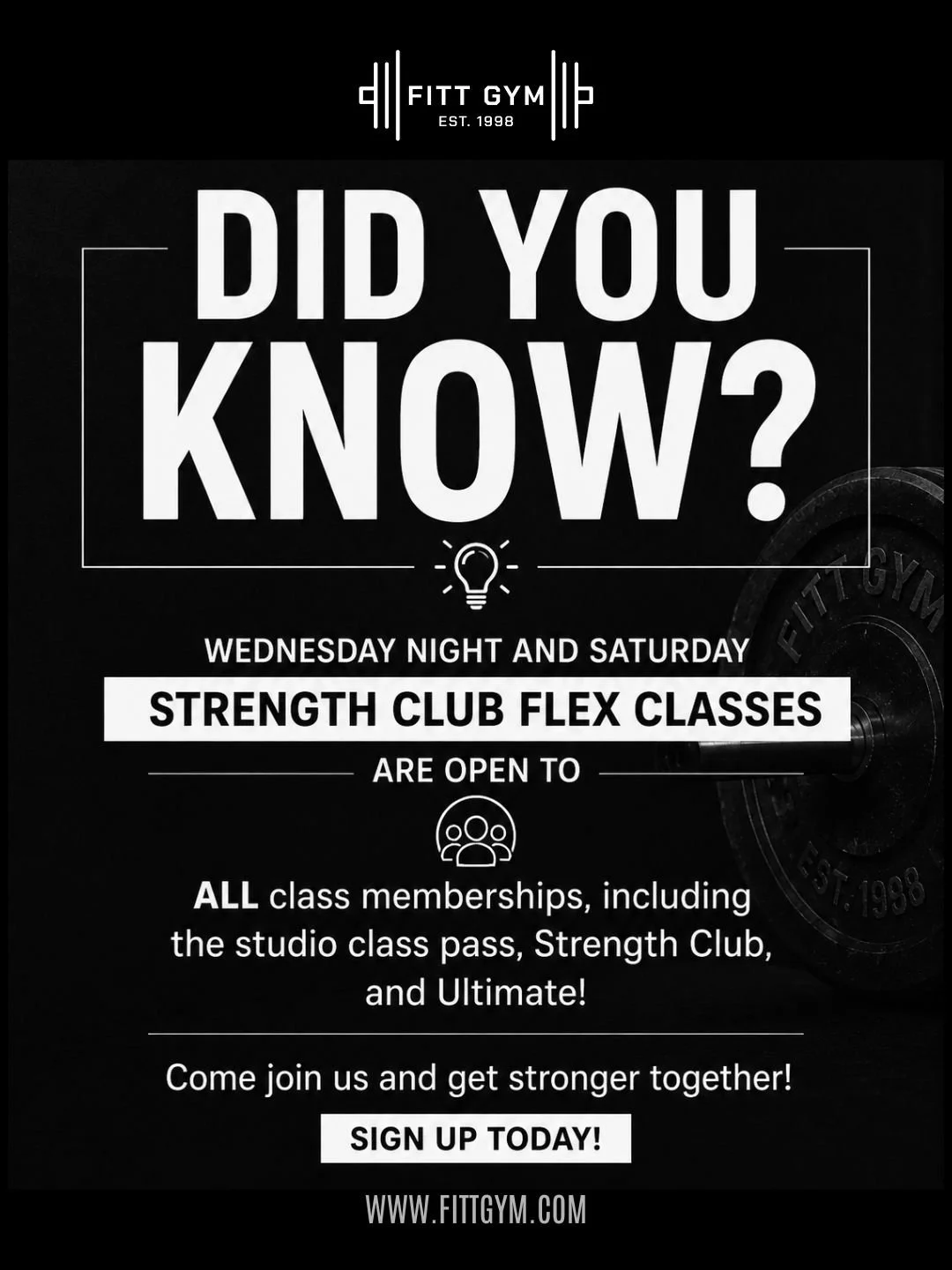 💪 DID YOU KNOW?

Our Wednesday night + Saturday Strength Club Flex classes are open to ALL class memberships! 🙌

That means if you have a Studio Class Pass, Strength Club membership, or Ultimate membership, you can jump in and train with us!

Stren