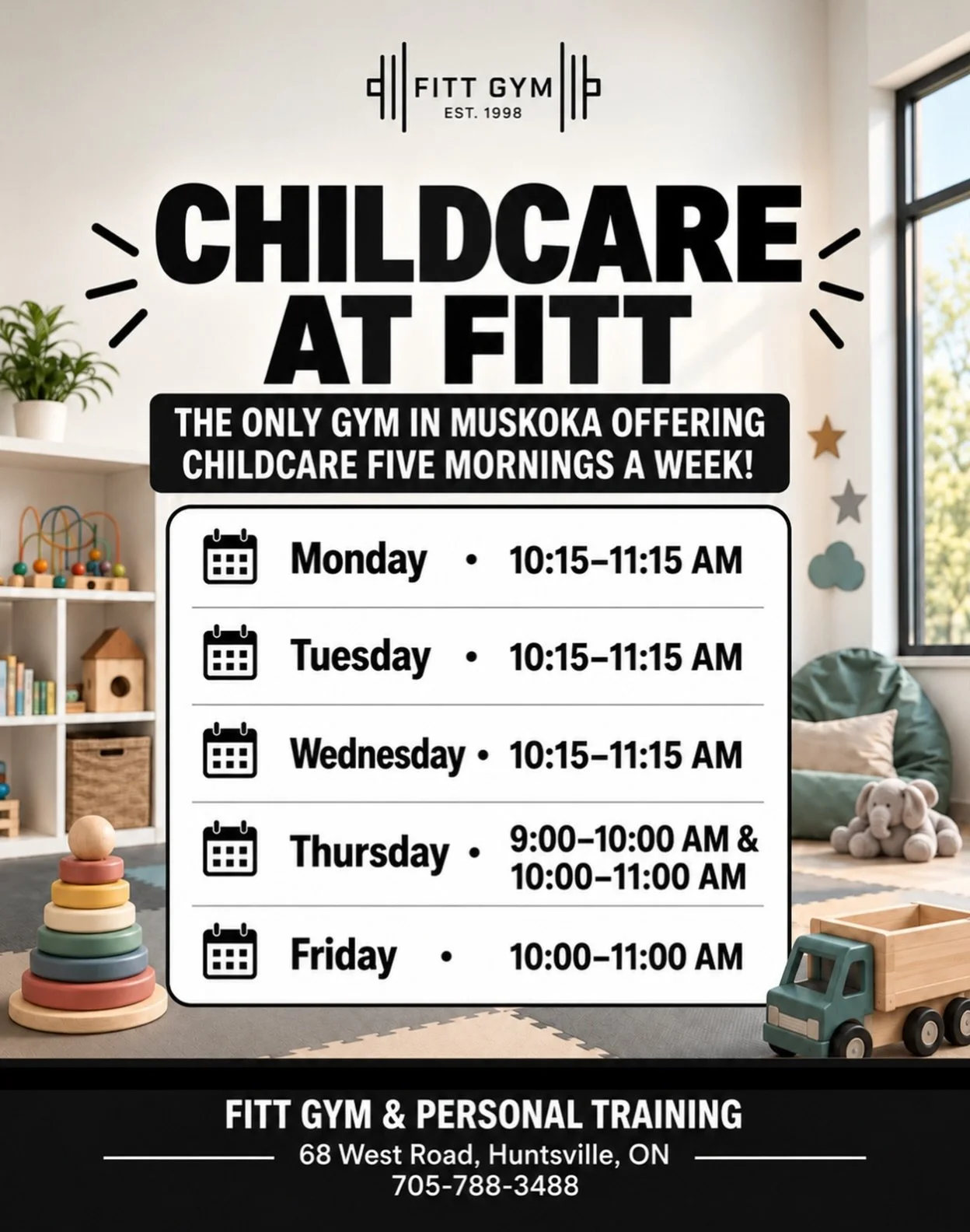 Parents, your morning workout just got a whole lot easier! 👏

FITT is proud to offer childcare FIVE mornings a week, so you can focus on your workout while your little ones are cared for nearby. 🖤

More flexibility. More time for you. One less reas