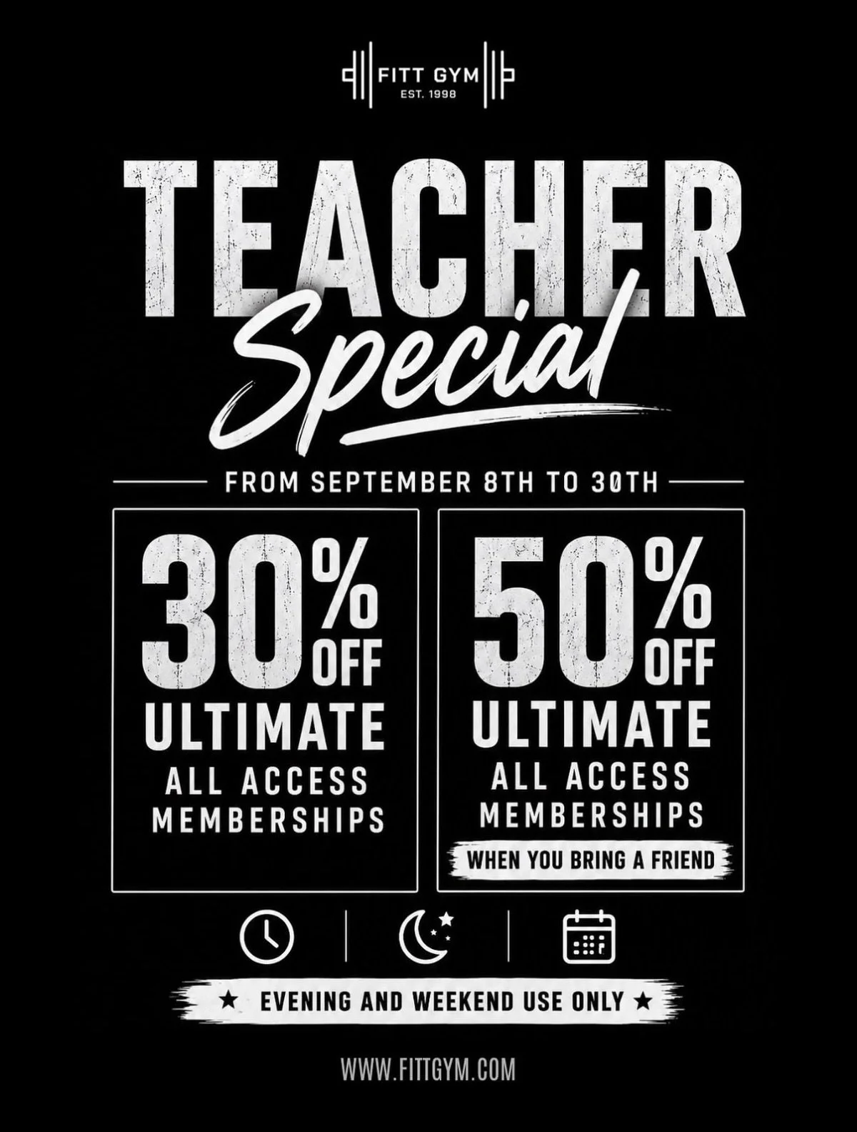 Teachers AND school staff &mdash; this one&rsquo;s for you! 🍎💪

From the classroom to the front office, custodial team, EAs, admin, support staff and beyond &mdash; if you work at a school, you can take advantage of our Teacher Special at FITT Gym!