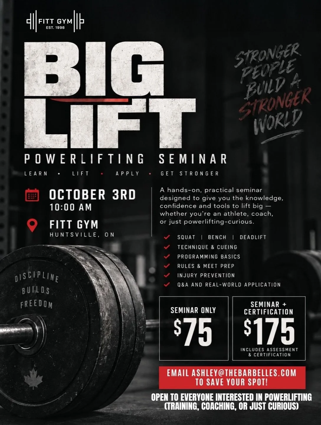 Ready to lift BIG? 💪🏋️

Join us at FITT Gym on October 3rd at 10 AM for The Big Lift Powerlifting Seminar! Whether you&rsquo;re new to powerlifting, looking to improve your technique, or interested in coaching, this hands-on seminar will help you b