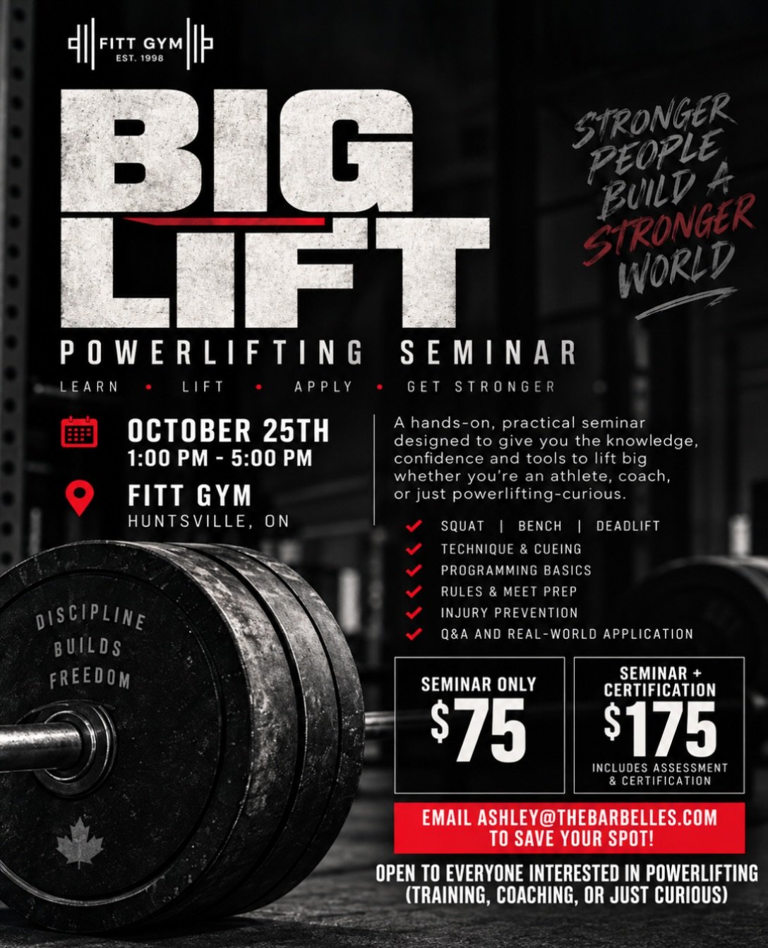 🚨 NEW DATE! 🚨

Our BIG LIFT Powerlifting Seminar has officially been rescheduled! 💪

Join us October 25th from 1&ndash;5 PM at FITT Gym for a hands-on afternoon designed to help you build confidence, sharpen your technique, and LIFT BIG.

We&rsquo