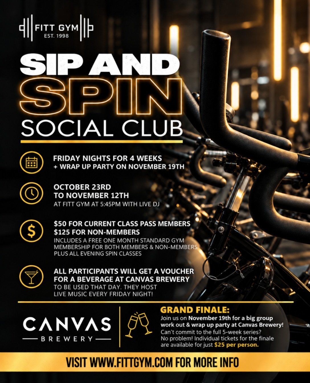 🚴&zwj;♀️ SIP. SPIN. SOCIALIZE. 🍻

We&rsquo;re turning Friday nights into something worth sweating for! Join us for Sip &amp; Spin Social Club, starting October 23rd through November 12th, with high-energy spin, a live DJ, and a little extra motivat