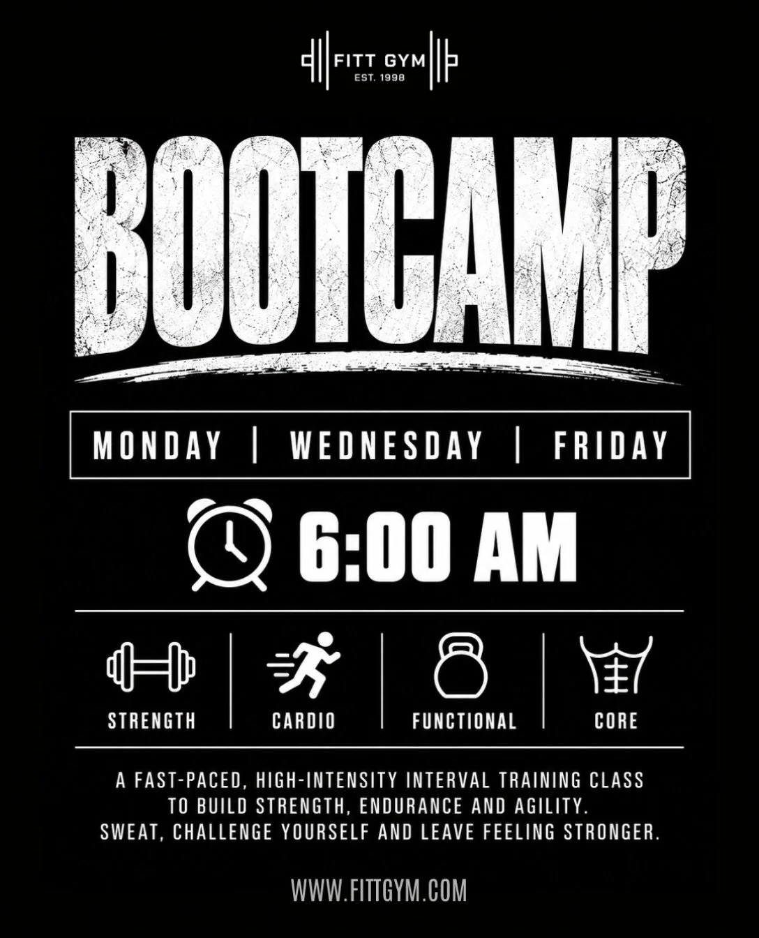 Rise, grind, repeat. 💪⏰

Start your morning strong with BOOTCAMP at FITT Gym every Monday, Wednesday &amp; Friday at 6:00 AM!

Expect a fast-paced mix of strength, cardio, core and functional training designed to challenge you, build endurance and l