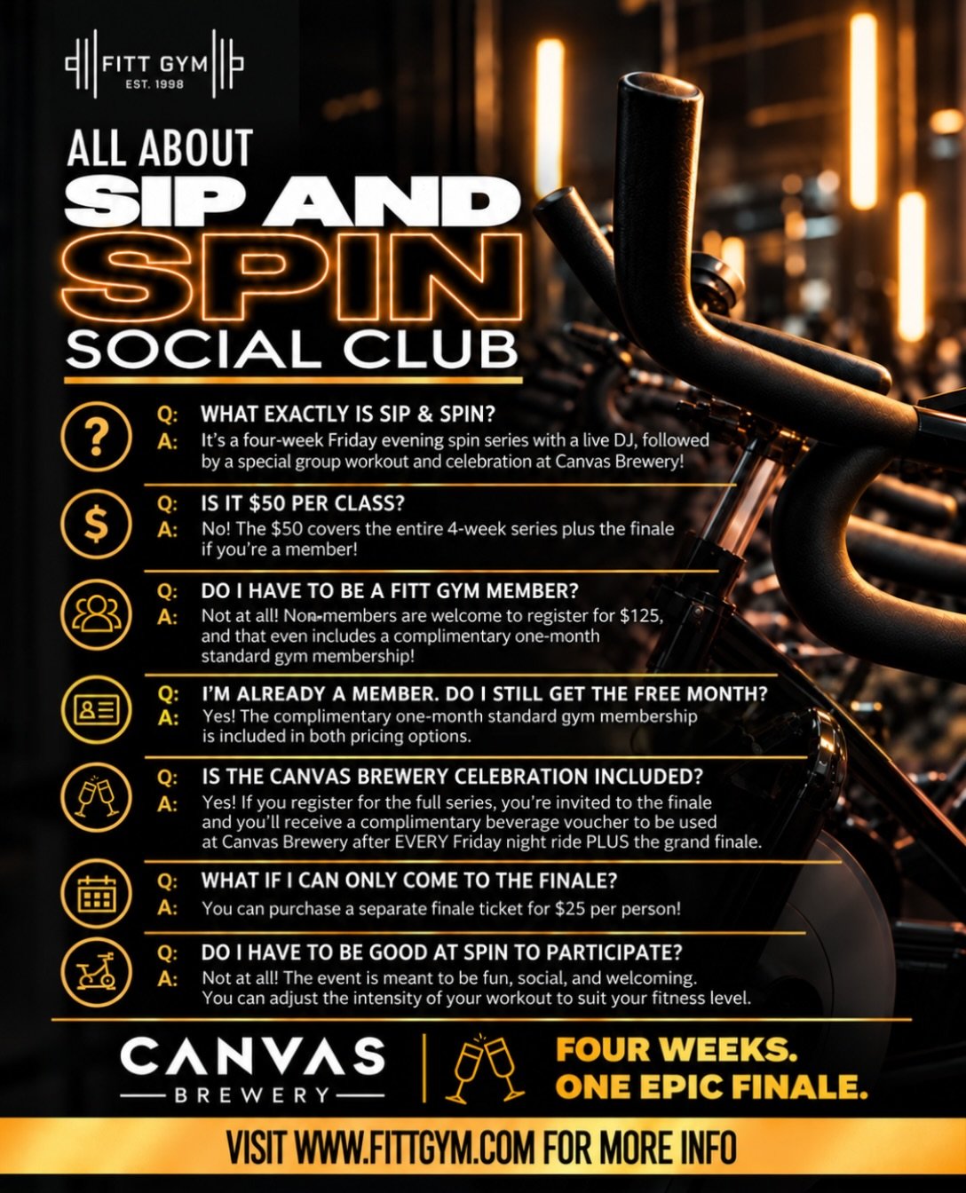 🚴&zwj;♀️🍻 FOUR WEEKS + ONE EPIC FINALE.

Got questions about our Sip &amp; Spin Social Club? We&rsquo;ve got answers! 🙌

From pricing and memberships to what you can expect each Friday night, we&rsquo;re breaking it all down so you can get ready t
