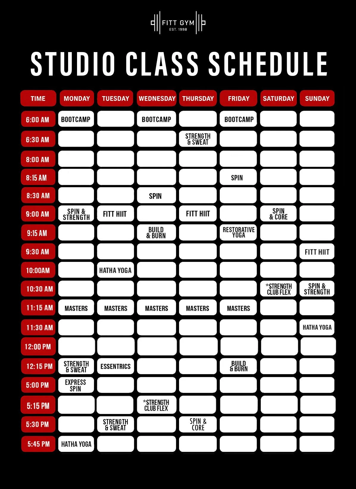 Fitness gym studio class schedule poster with days of the week and class times, listing classes like bootcamp, spin, HIIT, yoga, and strength training, organized in a grid format.