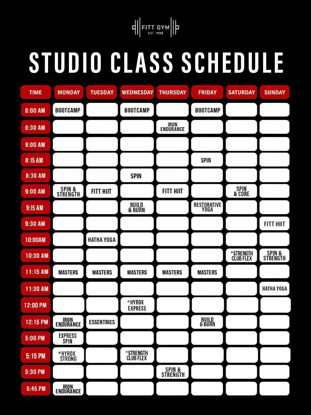 Schedule for Fitt Gym studio classes with time slots from 6:00 AM to 5:45 PM, including various fitness classes like Bootcamp, Spin, HIIT, Yoga, and Strength training, organized by days of the week.
