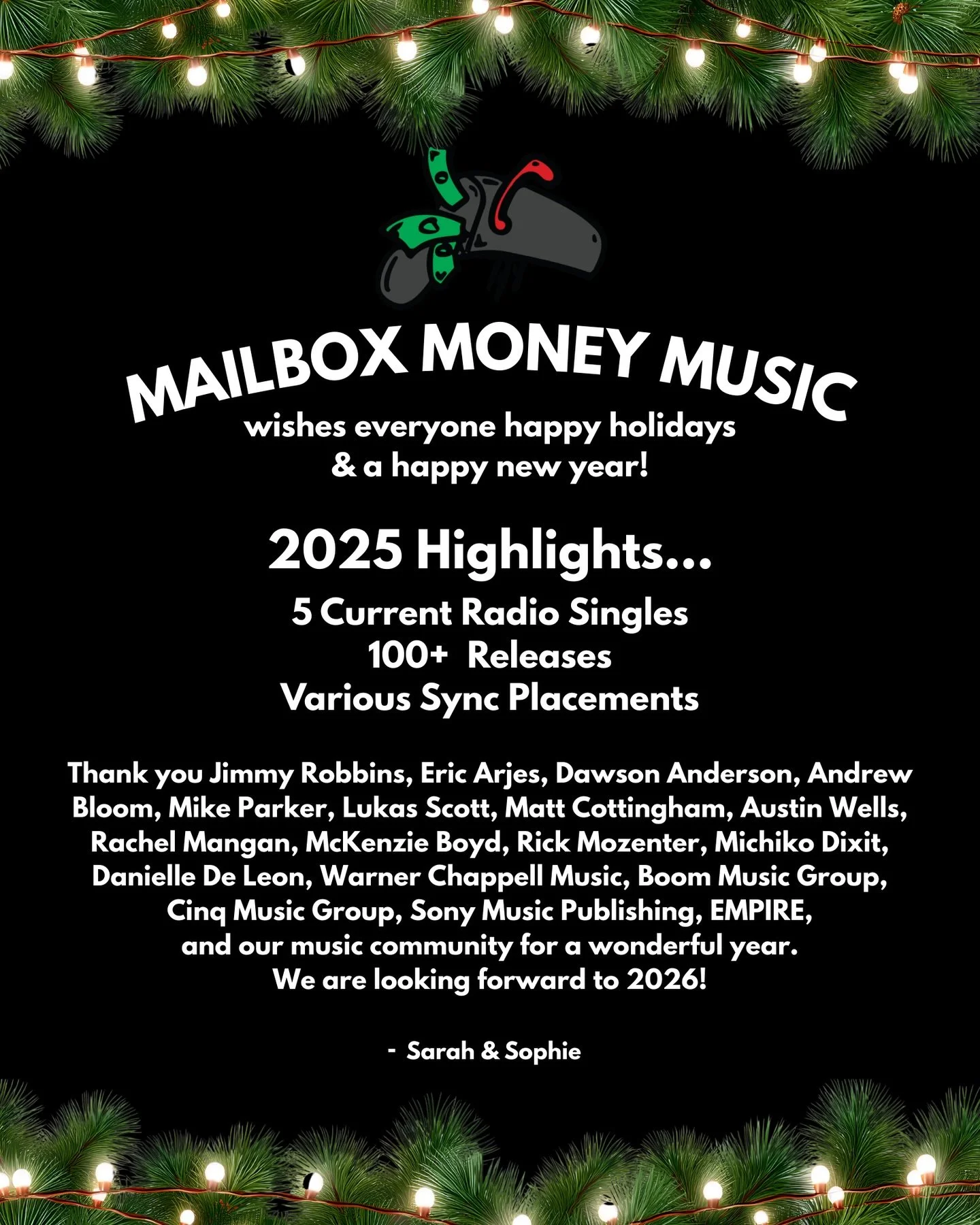 Happy Holidays &amp; Happy New Year from Mailbox Money Music. Thankful for our crew! Looking forward to a great 2026 ✨⭐️🥂