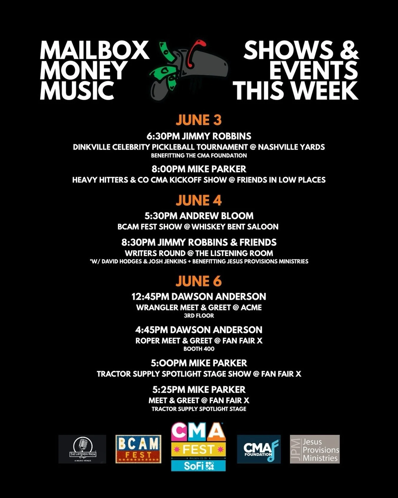 SHOWS &amp; EVENTS THIS WEEK ‼️ Come see the Mailbox Money Music crew around town this week during CMA Fest 🤠