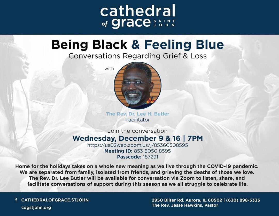 Tune in for our second installment of 'Being Black &amp; Feeling Blue', facilitated by Dr. Lee Butler. We welcome you to join us in a safe space of faith, fellowship &amp; healing. See you virtually at 7pm. 
#faith #healing #hope #love #peace
