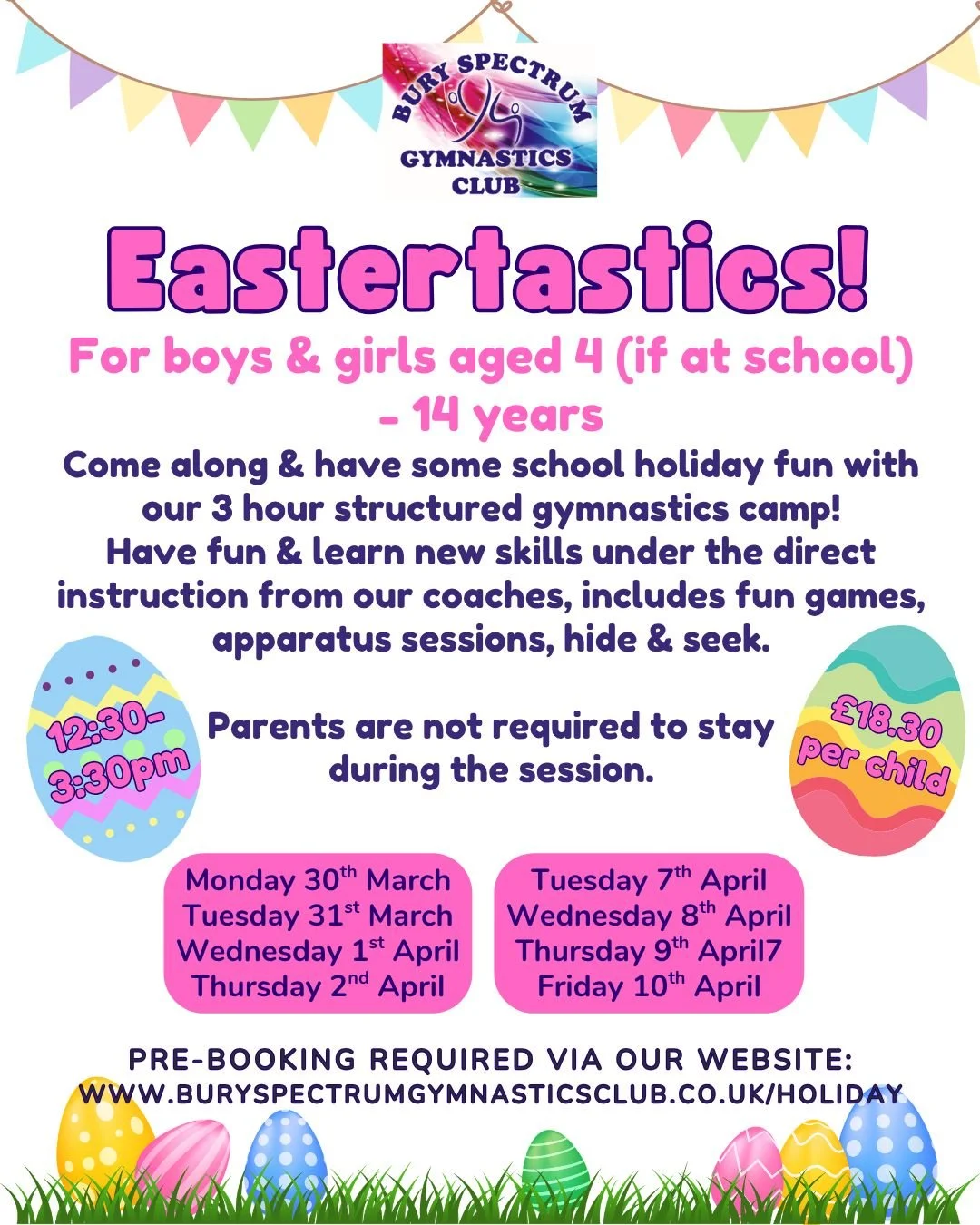 #🐣 Eastertastics is back! 🐣

Our popular gymnastics camp will run for 8 sessions over the Easter Holidays! For boys and girls aged 4 (if at school) to 14 years - no previous gymnastics experience is required! 🤸&zwj;♂️🤸🤸&zwj;♀️

In the 3 fun-fill