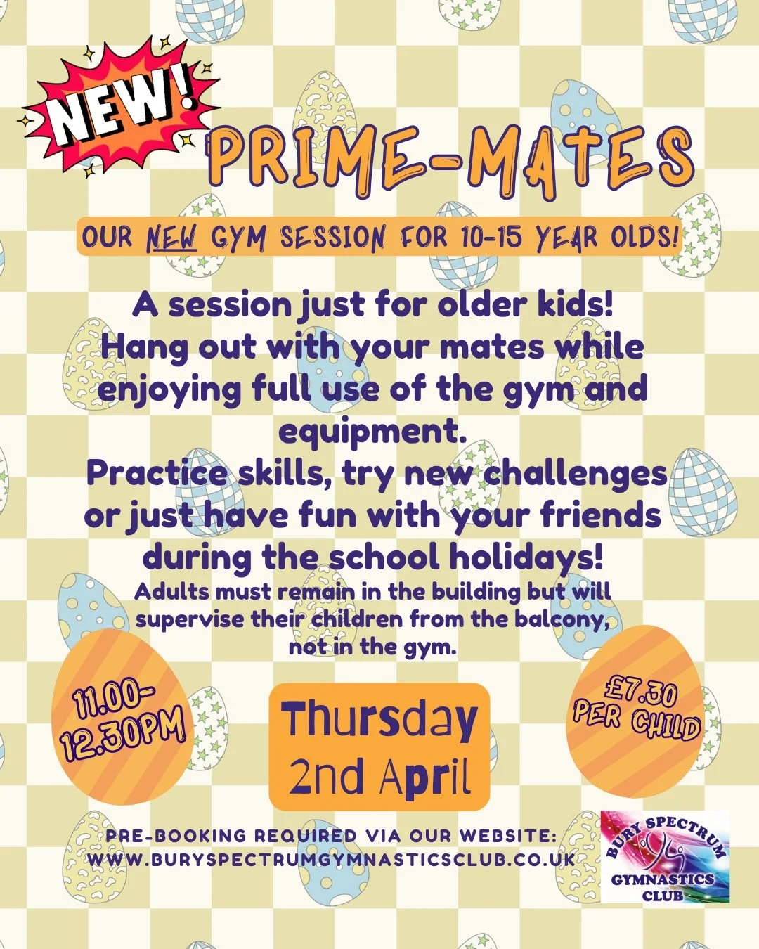 🔥 NEW SESSION ALERT: PRIME-MATES 🔥 

Got energy to burn? Grab your mates and come hang out at our brand new gym session for 10&ndash;15 year olds 🐒 

💥 Full access to the gym equipment
🤸&zwj;♂️ Try new skills &amp; challenges 
🎯 Practice tricks