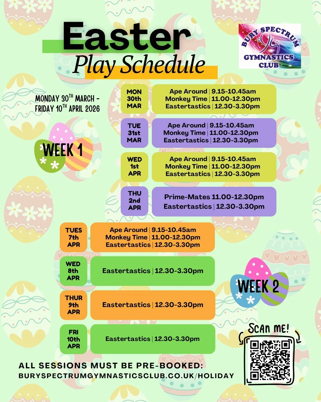 🐣🤸 STARTING NEXT WEEK - OUR EASTER HOLIDAY PLAY SCHEDULE! 🤸🐣

Looking for something fun to keep the kids busy next week? We&rsquo;ve got a full schedule of gymnastics sessions ready! 🤸&zwj;♀️

🐒 Monkey Time - perfect for little ones! Under 5's
