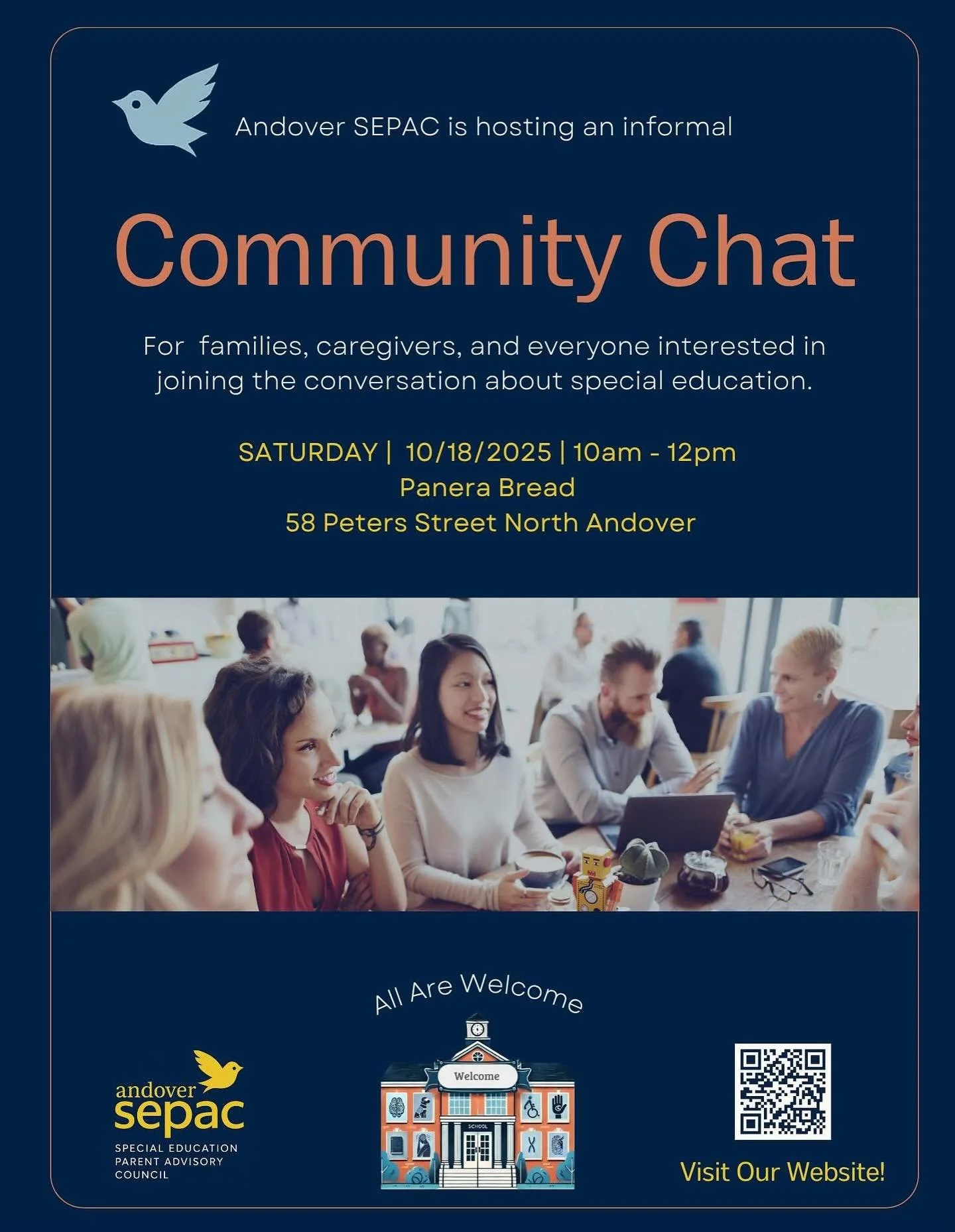 Tomorrow we’re hosting a community chat at Panera Bread in North Andover from 10 AM to noon. All are welcome.