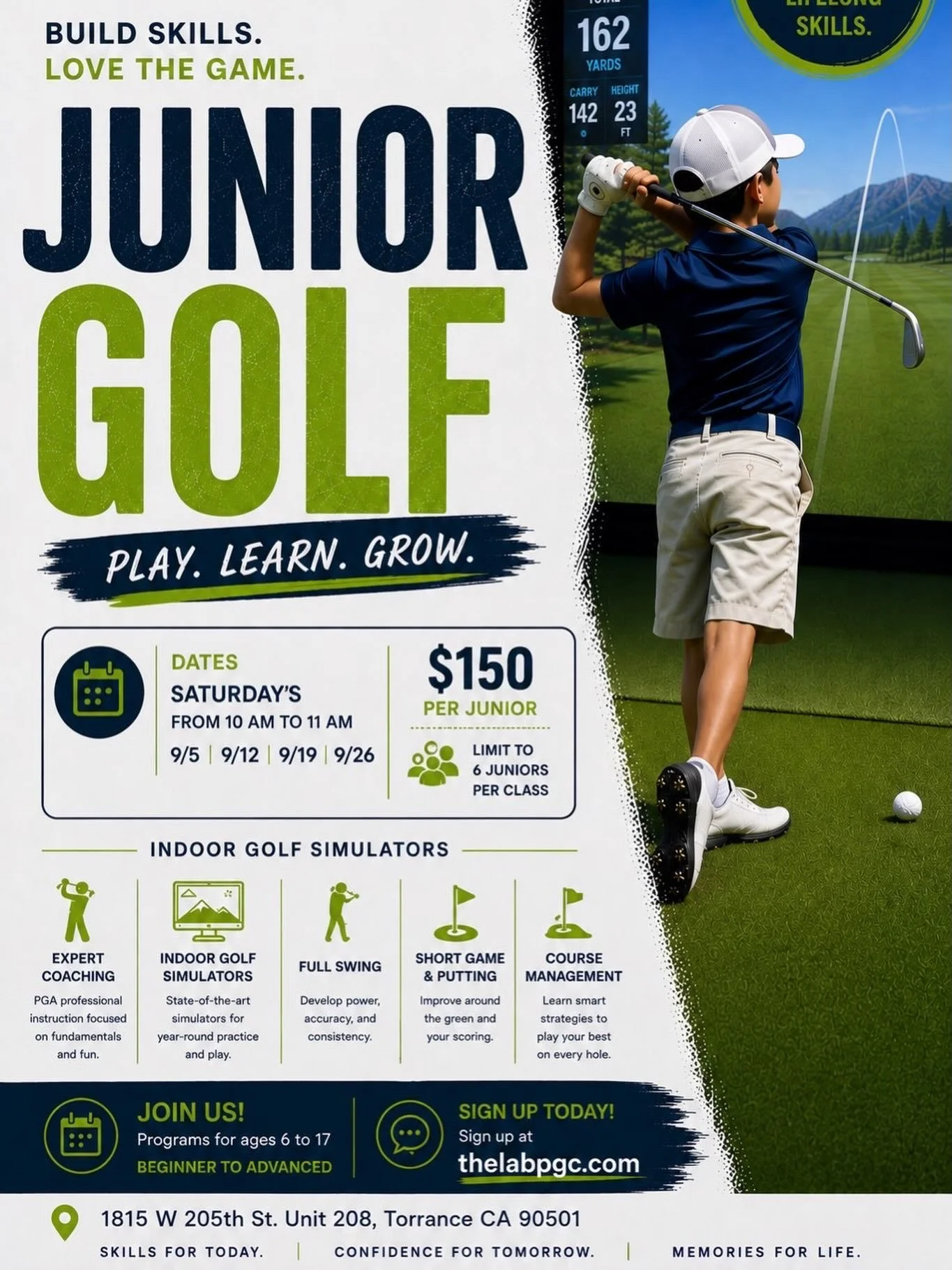 Junior camps are back @thelab_precisiongolfcenters.  Check thelabpgc.com for more dates and times.  All classes are limited to 6 kids and will have the full facility to use.  4 bays and a putting green with professional instruction