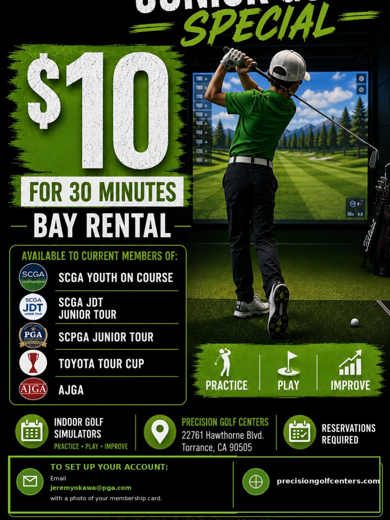 Welcome!  Juniors!  @precision_golf_centers is offering $10 for 30 minutes and 1/2 off the walk-in rate for more time.  Please email jeremyokawa@pga.com with email, phone number, membership card.  Booking available at 7am of that day and can&rsquo;t 