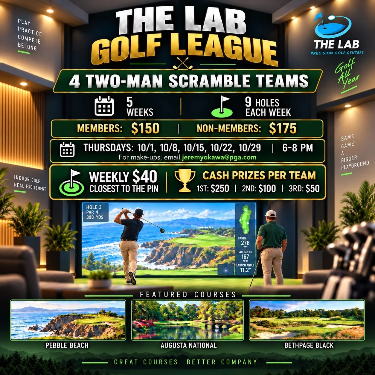 ⛳ THE LAB GOLF LEAGUE
4 Two-Man Scramble Teams
🏌️ 9 holes each week
📅 5 weeks
🕕 Thursdays &bull; 6&ndash;8 PM
DATES
10/1 &bull; 10/8 &bull; 10/15 &bull; 10/22 &bull; 10/29
ENTRY
Members: $150 per player
Non-Members: $175 per player
💰 PRIZES
🥇 1s