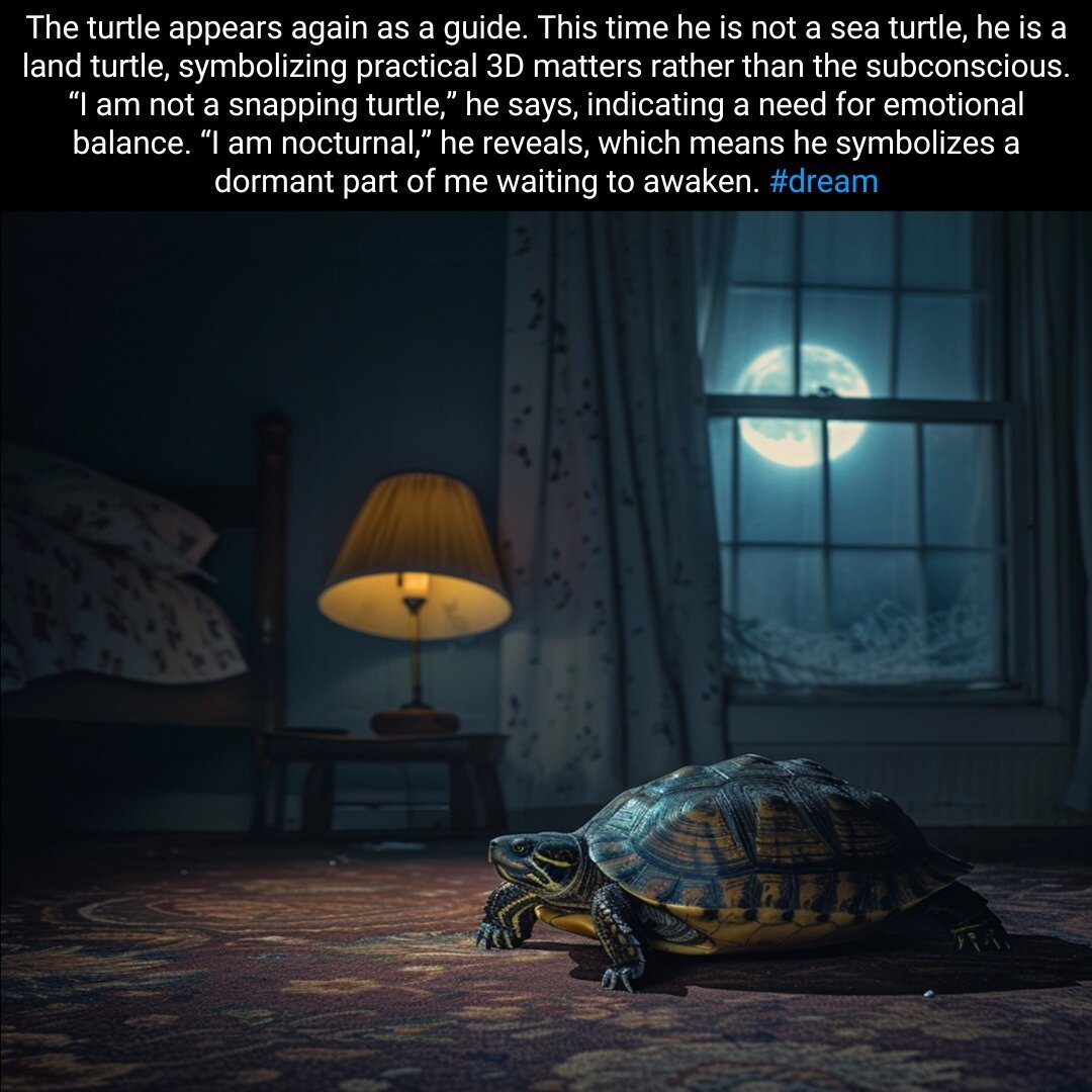 Dream, January 23, 2024. When an animal friend appears in a dream, it's important to listen and learn. If it doesn't speak to you, pay attention to its behavior and the context in which it appears. In my dream, the turtle showed up in my bedroom, whi