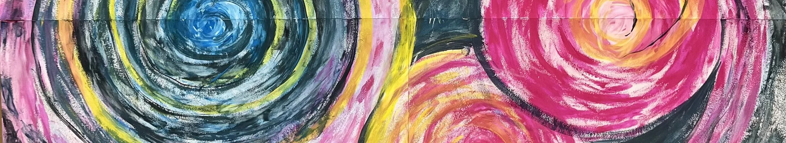 Abstract painting featuring swirling circular patterns in blue, yellow, pink, and black colors.