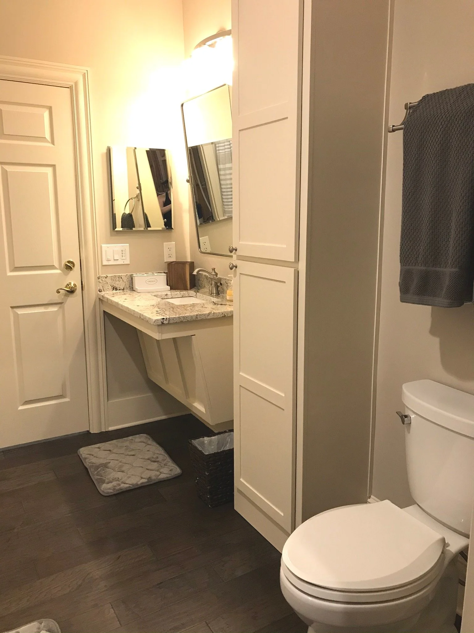 Basement storage turned into a handicap accessible guest bathroom. 