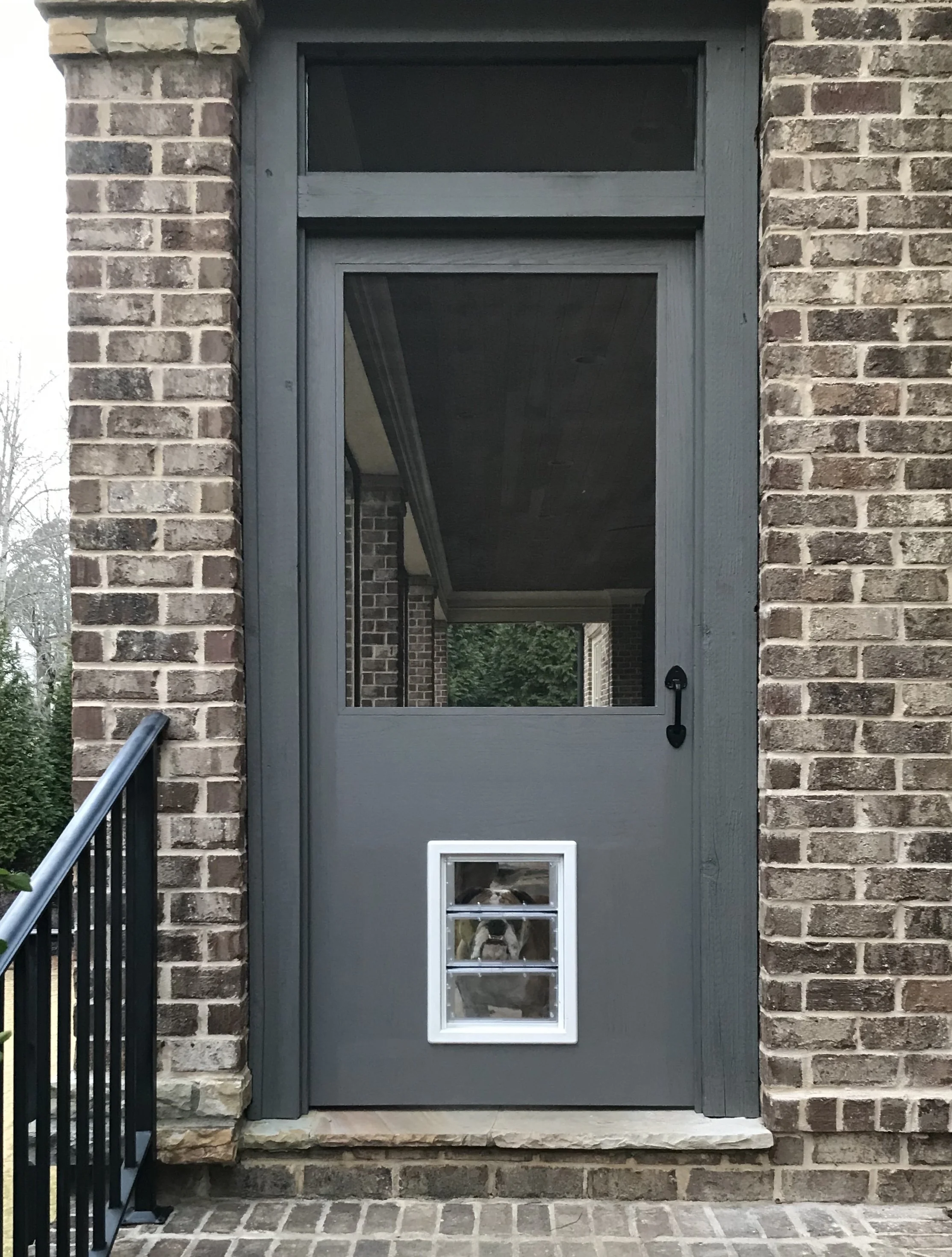 Custom made screen door outfitted with doggie door. 