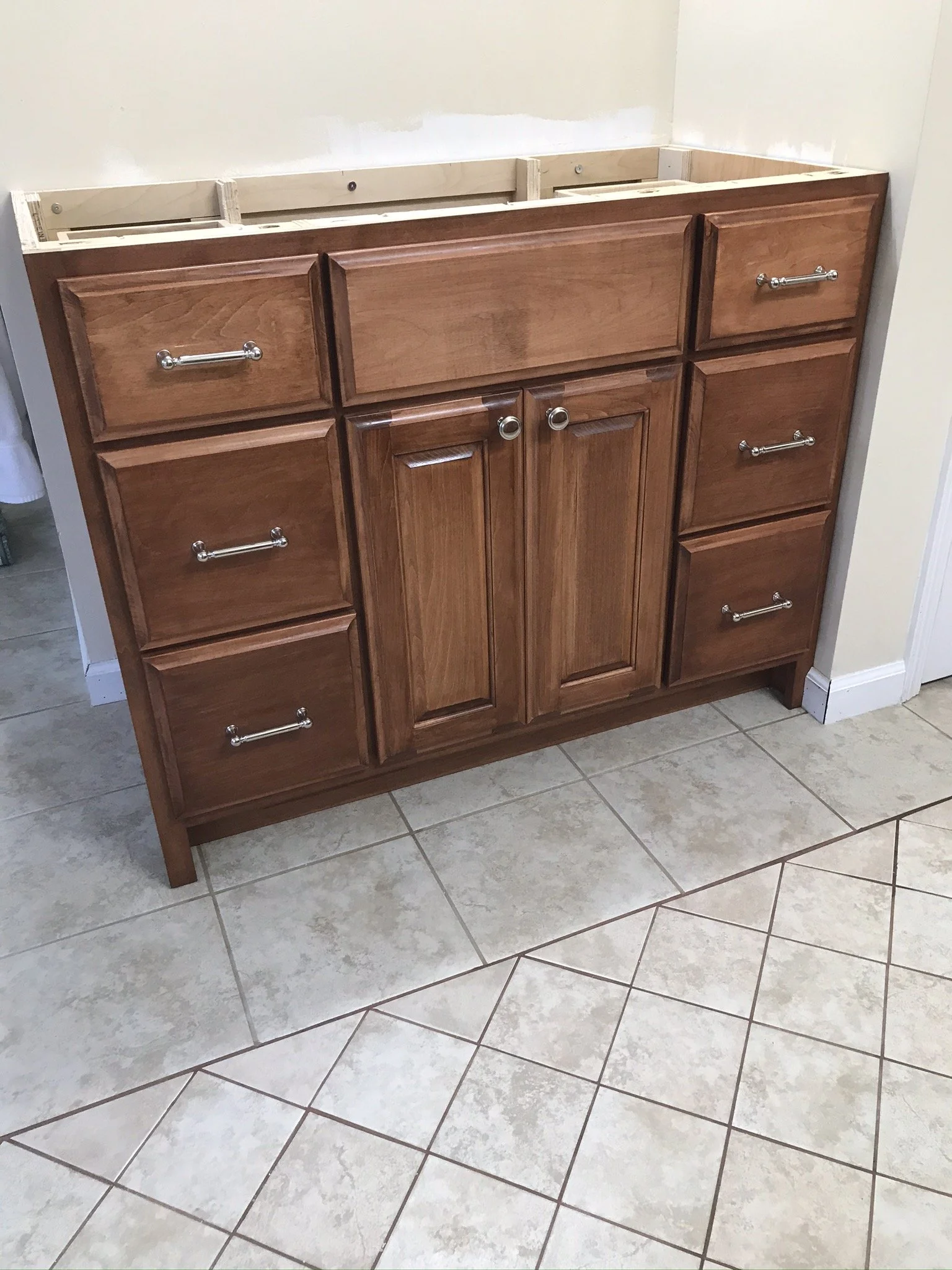 Custom built vanity cabinet.