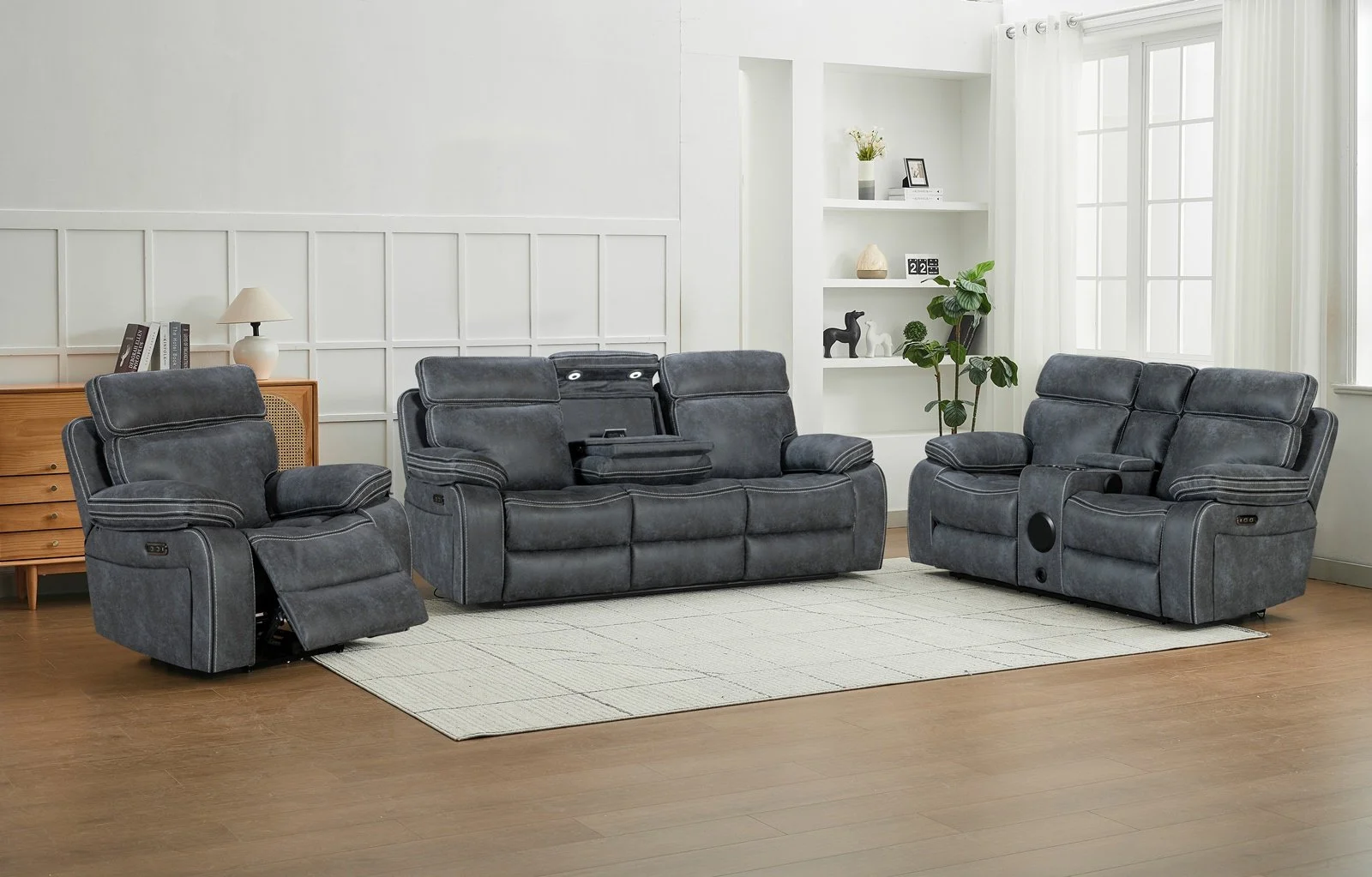 TECHNO POWER RECLINER - Available in GREY - As 3 Seat, 2 Seat set and chair - HAS FULL TECH FEATURES.