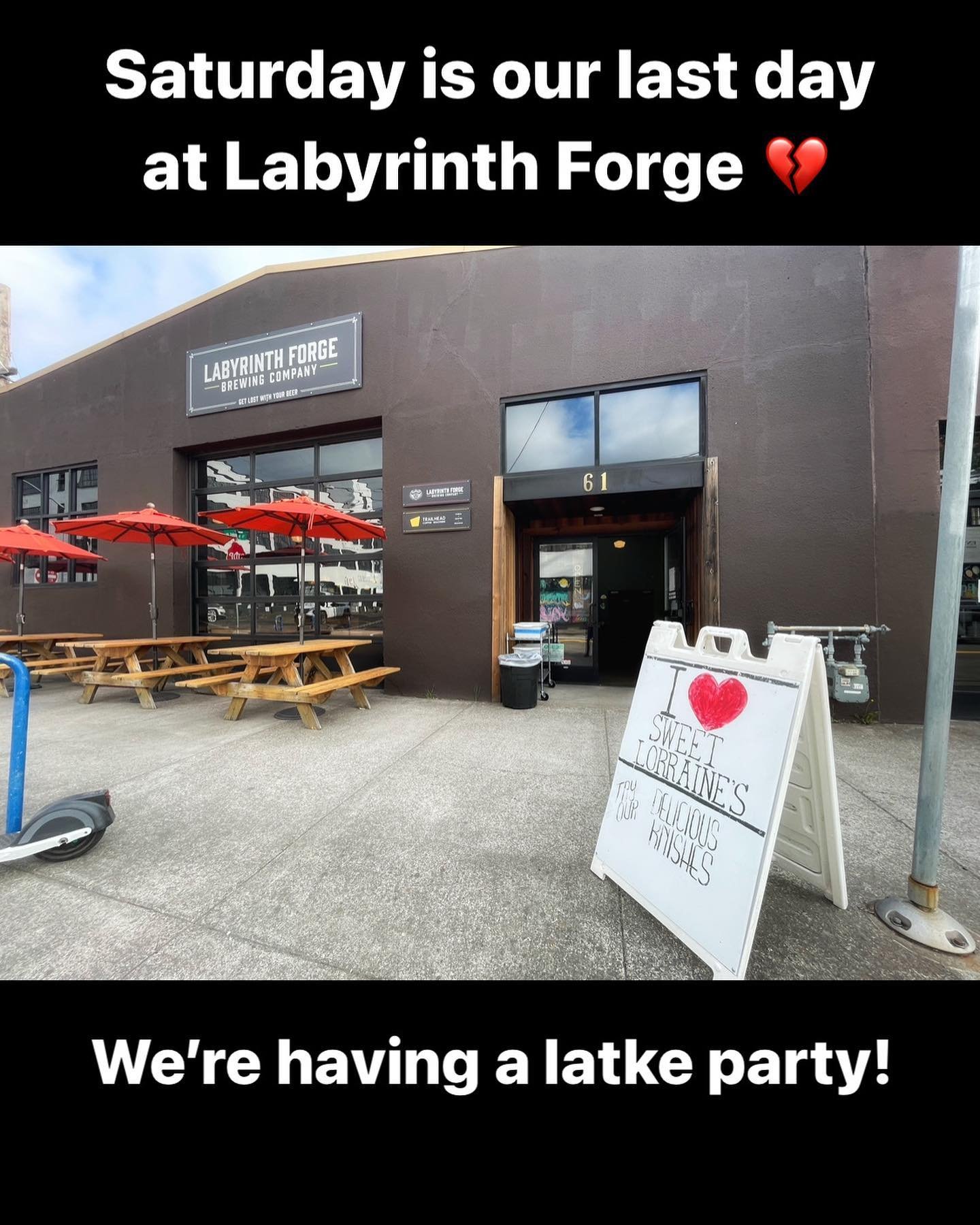 It&rsquo;s a latke party this Saturday! You may have heard that @labyrinthforgebeer has had to close suddenly, so we are losing our main kitchen. Our last day is Saturday April 13th 💔 We want to invite all of you to send us off on a high note! We&rs