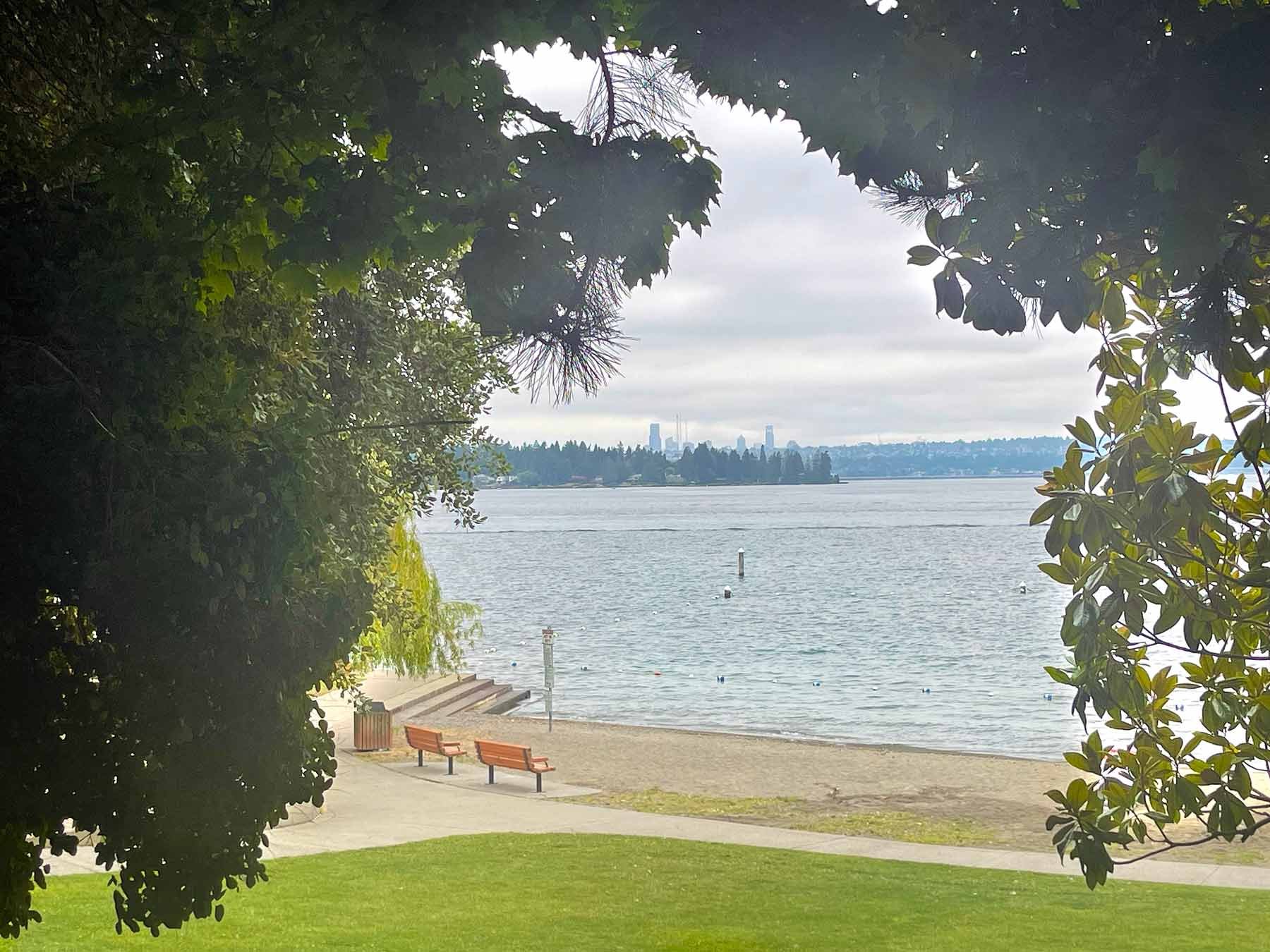 Houghton Beach Park in kirkland with lake washington, hunts point and Seattle skyline in the background