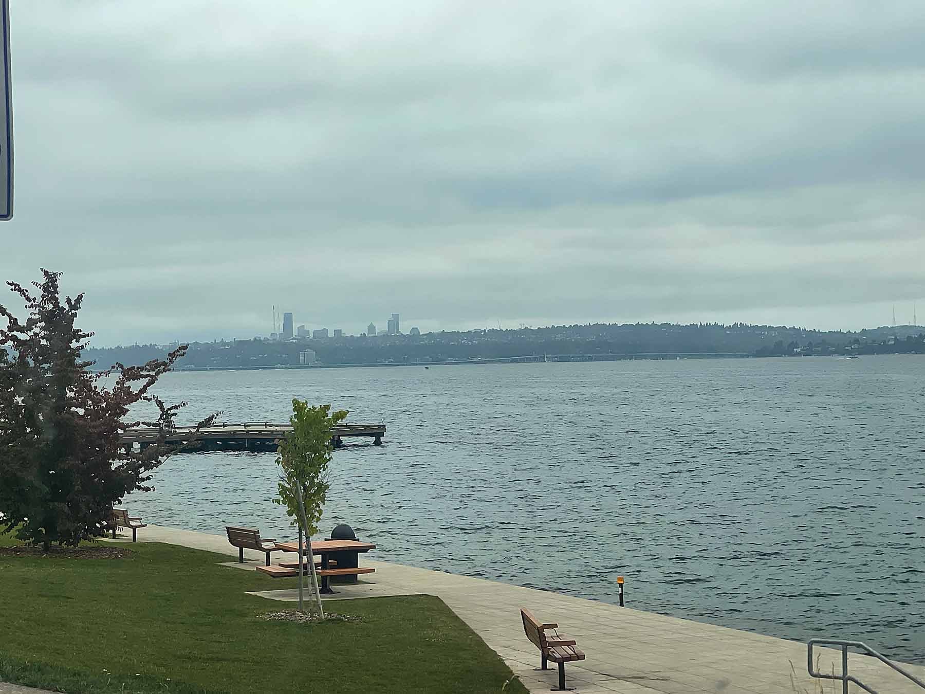 David E Brink Park dock with view of lake washington and Seattle Skyline