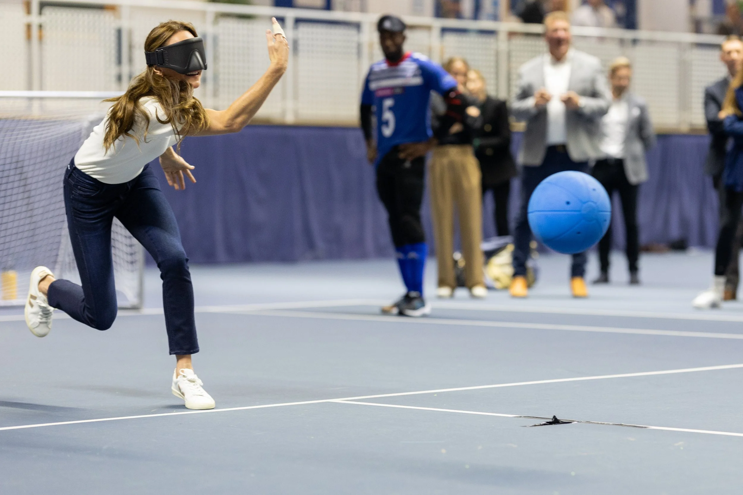 Her Royal Highness The Princess of Wales participates in a goal ball game.