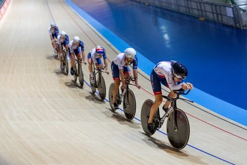 Team GB cyclists train at the Manchester Velodrome.