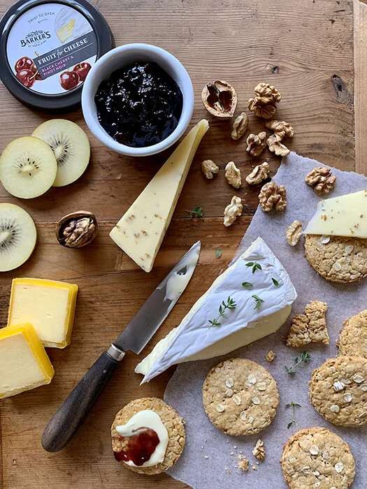 NZ Cheese Board with Barker’s Fruit for Cheese, Homemade Oat Biscuits, Walnuts and Fresh Fruit