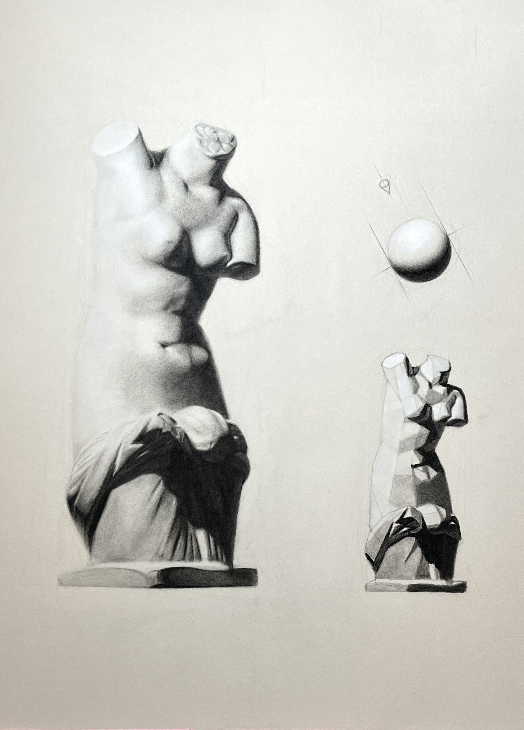 Venus Cast Drawing. Charcoal and Calk on Stonehenge paper. 18" x 24".