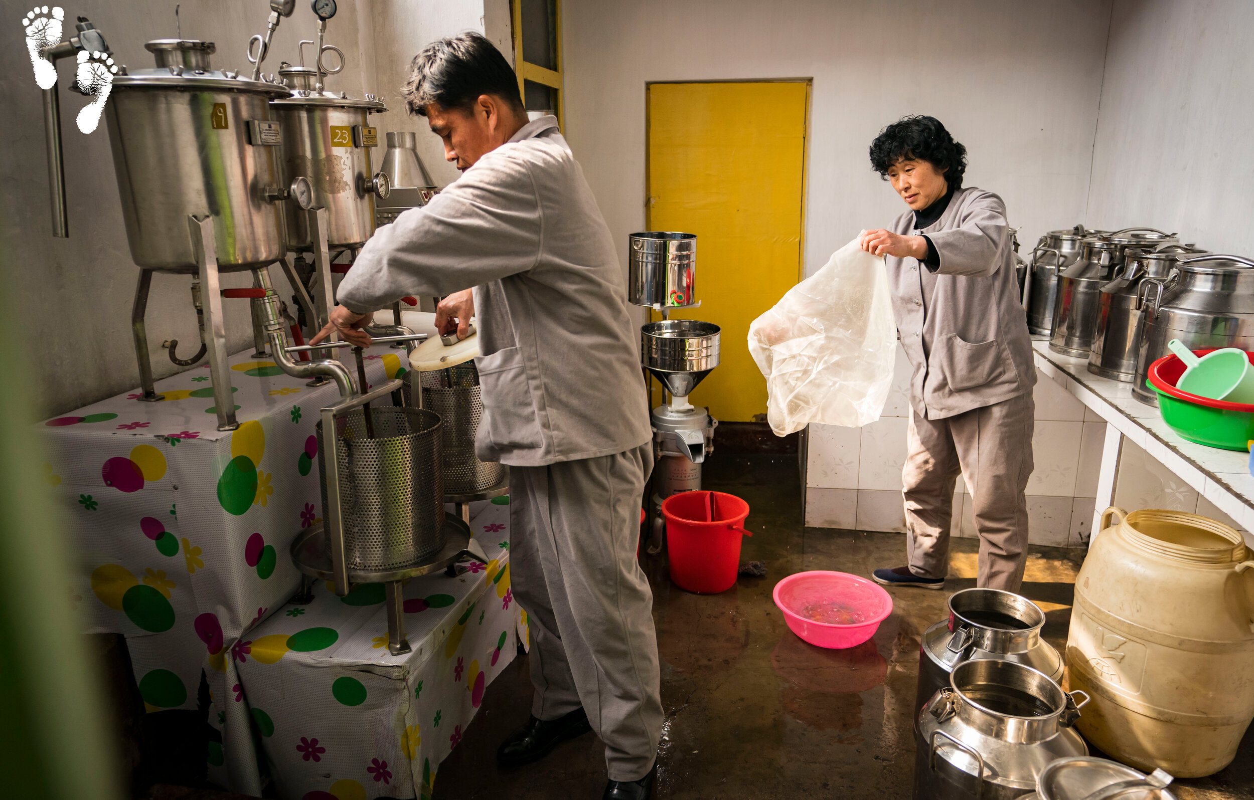 Cleaning up after finishing the day's soymilk production at the Hanggu Daycare and Kindergarten Supply Centre in Nampo.