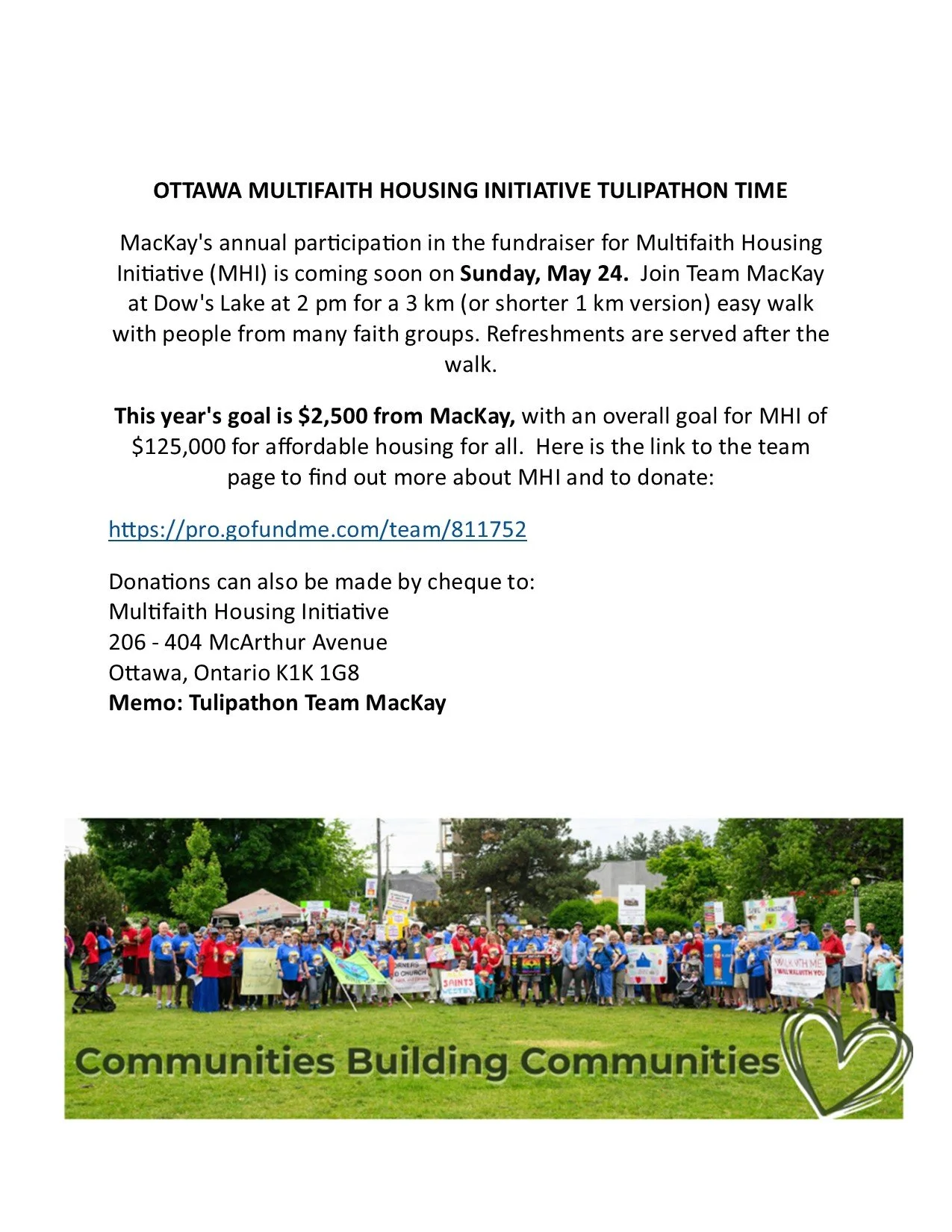 Ottawa MultiFaith Housing Initiative annual TULIPATHON fundraiser May 24th at 2 pm at Dow’s Lake
