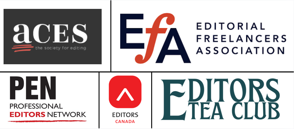 Editorial association logos that Meaghan is a member of. They include ACES: The Society for Editing, Editorial Freelancers Association, Professional Editors Network, Editors Canada, and Editors Tea Club