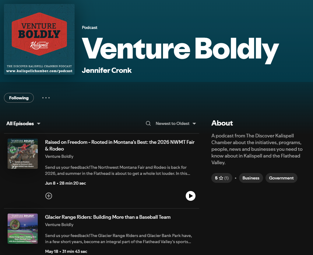 Podcast production and development, voice talent for the Kalispell Chamber of Commerce podcast, Venture Boldly