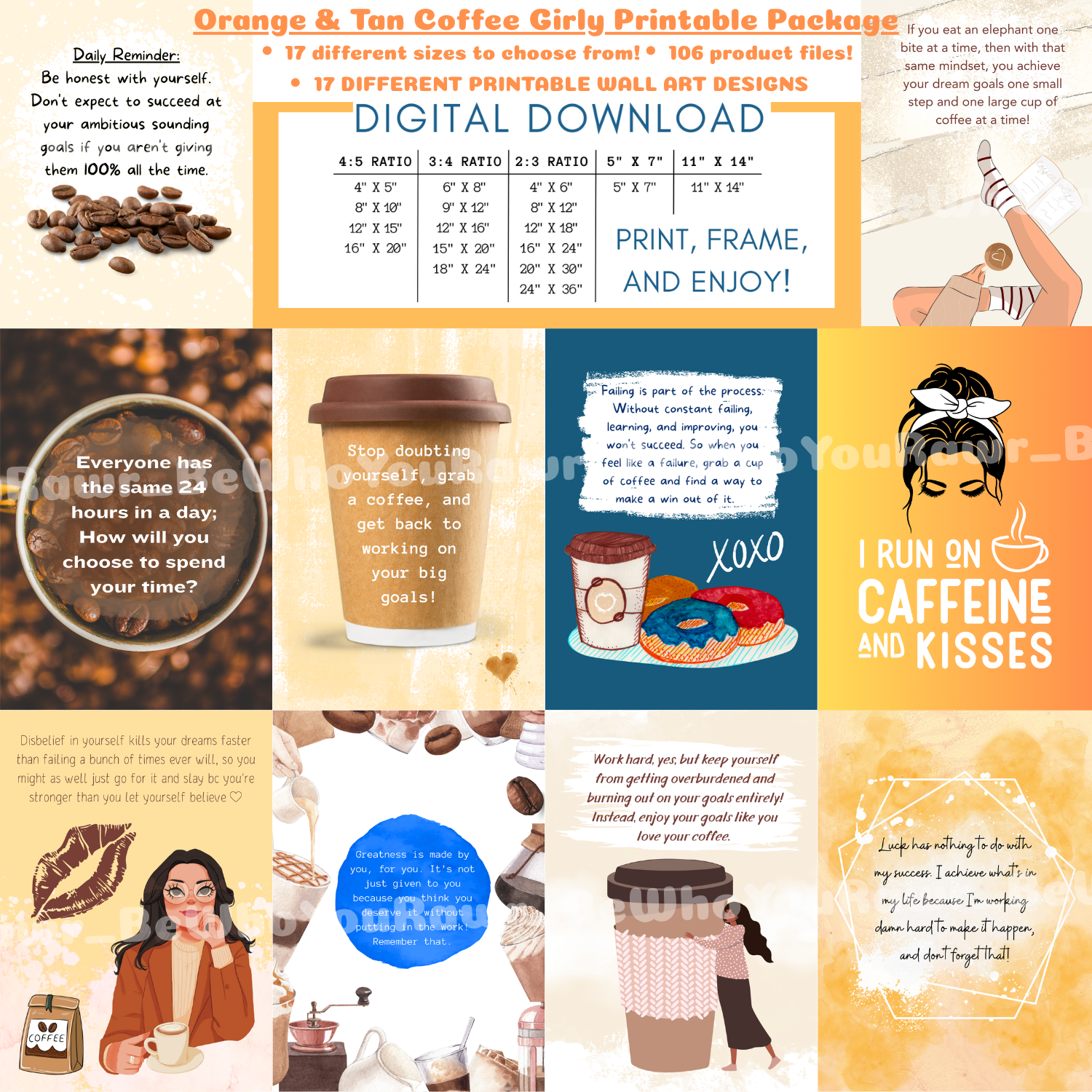 Orange & Tan Coffee Girly Printable Package  17 Motivational Coffee-Inspired Wall Art Designs