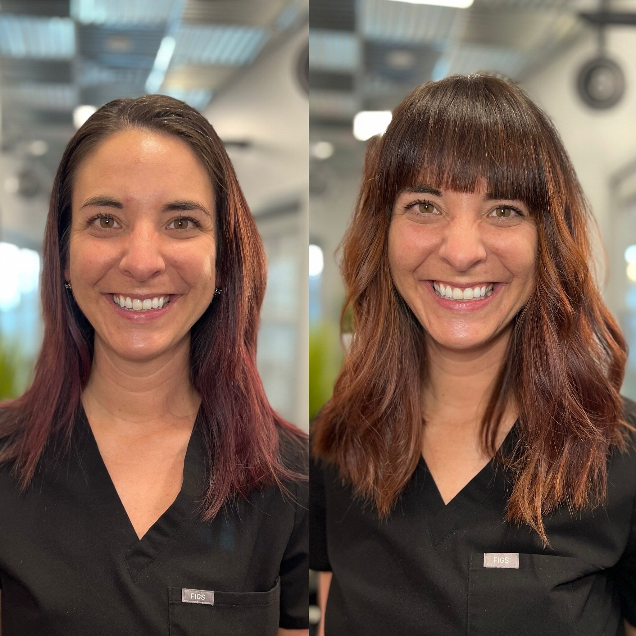 Kelly said &ldquo;give me bangs that make people wonder if I even have a forehead.&rdquo; Got you, girl.

We also did a color shift from violet to a warm brunette balayage because hey, why not?

Personally, I&rsquo;m loving the end result. What do yo