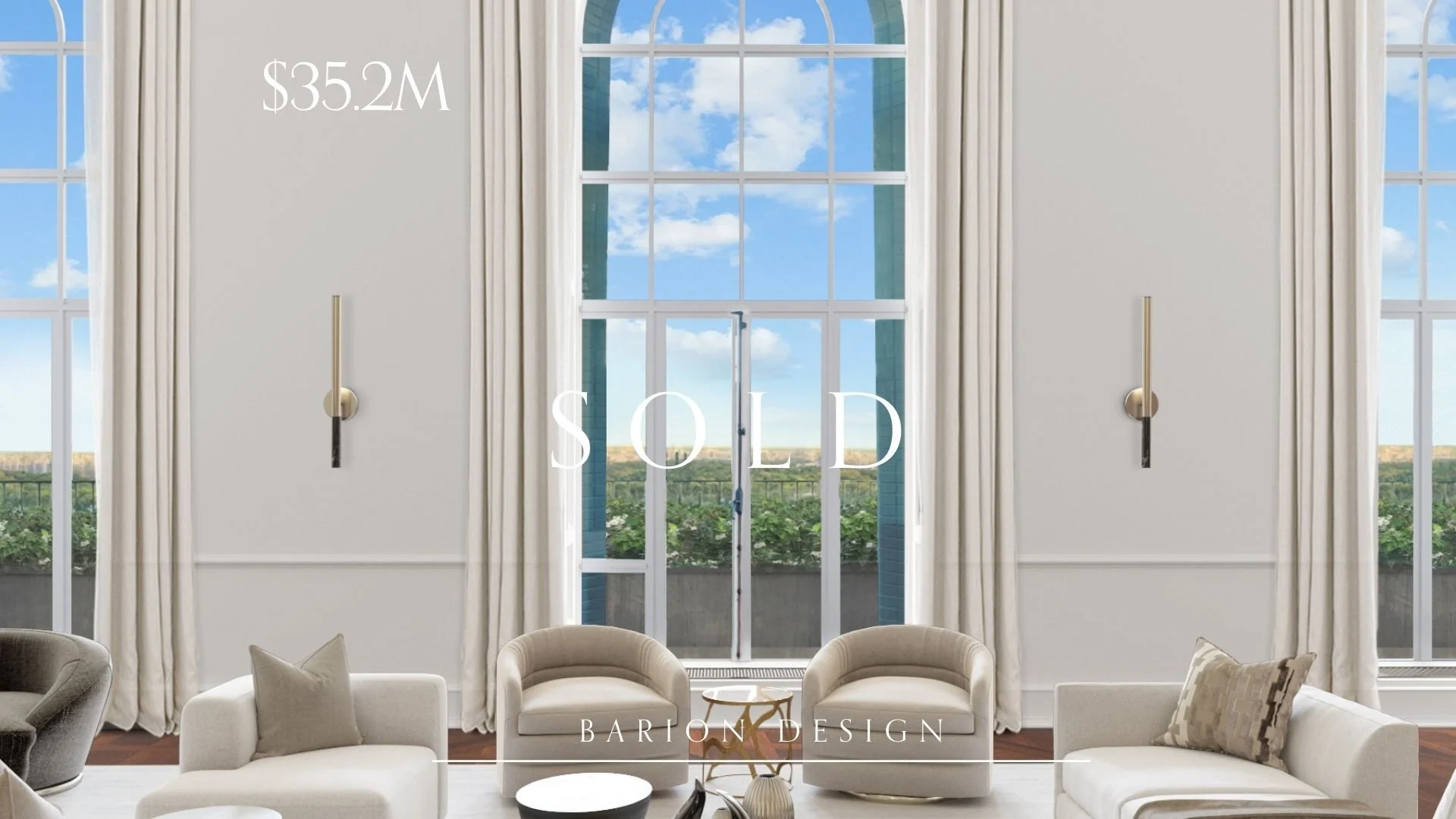 Modern, airy living room with large windows, white walls, and beige furniture, including a sofa and two armchairs, with decorative pillows. "Sold" and $35.2M are overlaid on the image, indicating a high-value property sold by Barion Design.