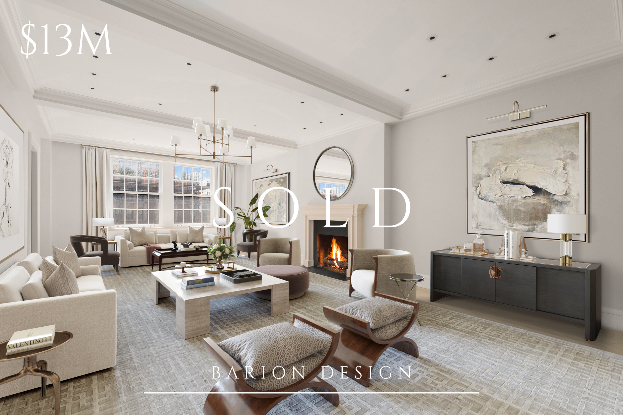 Luxury virtual staging for a multimillion-dollar home featuring an elegant living room with fireplace, custom furnishings, and refined mid-century modern design