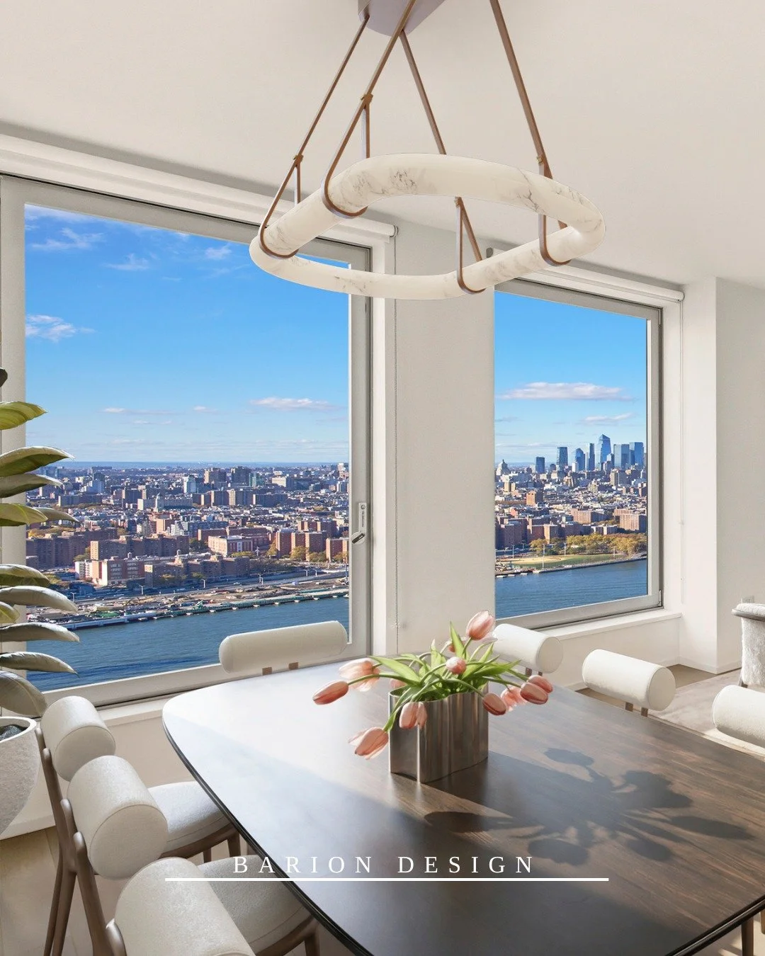 Sun-drenched living with skyline views that never get old.
This Brooklyn residence pairs soft, sculptural furnishings with warm natural textures to create a space that feels both elevated and effortless. Floor-to-ceiling windows frame the city like a