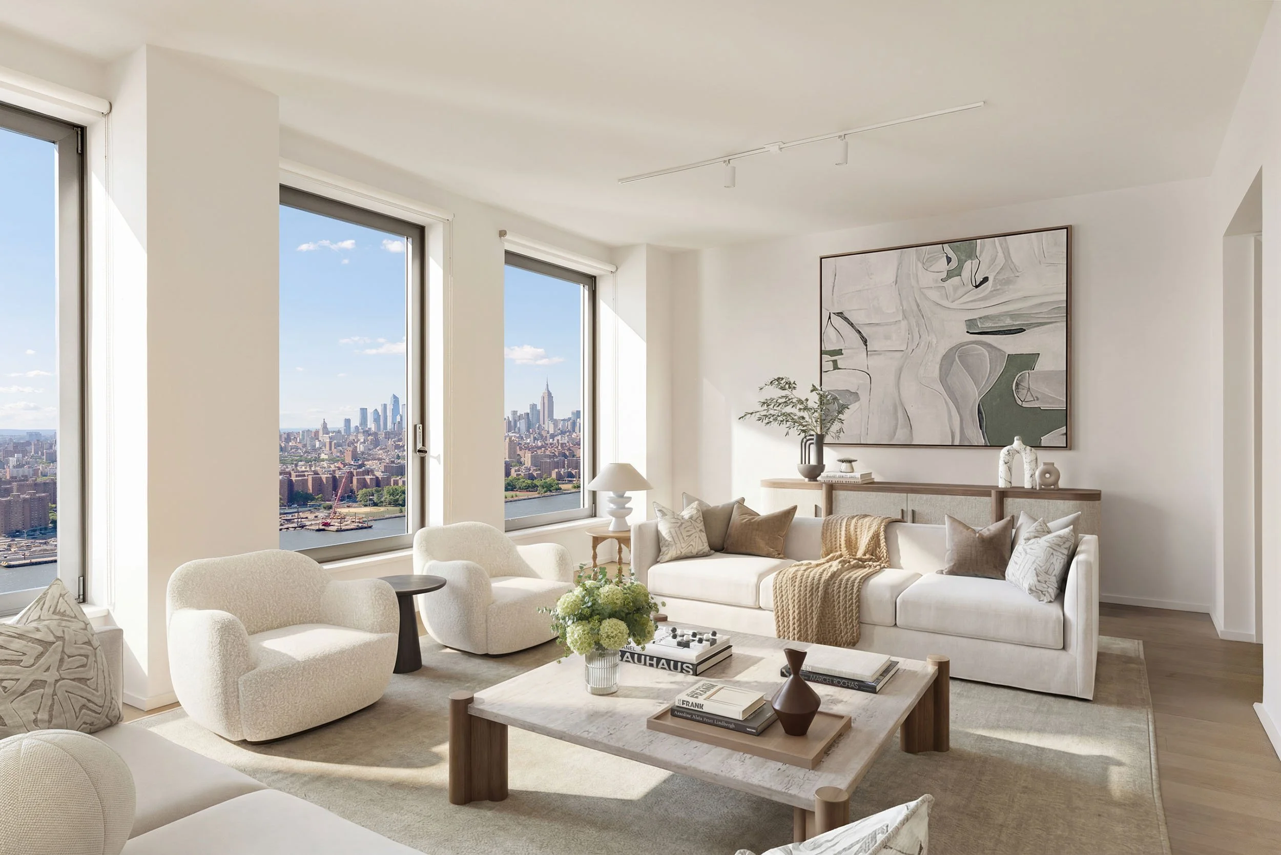 Modern luxury living room virtual staging with custom furniture design in Brooklyn condo
