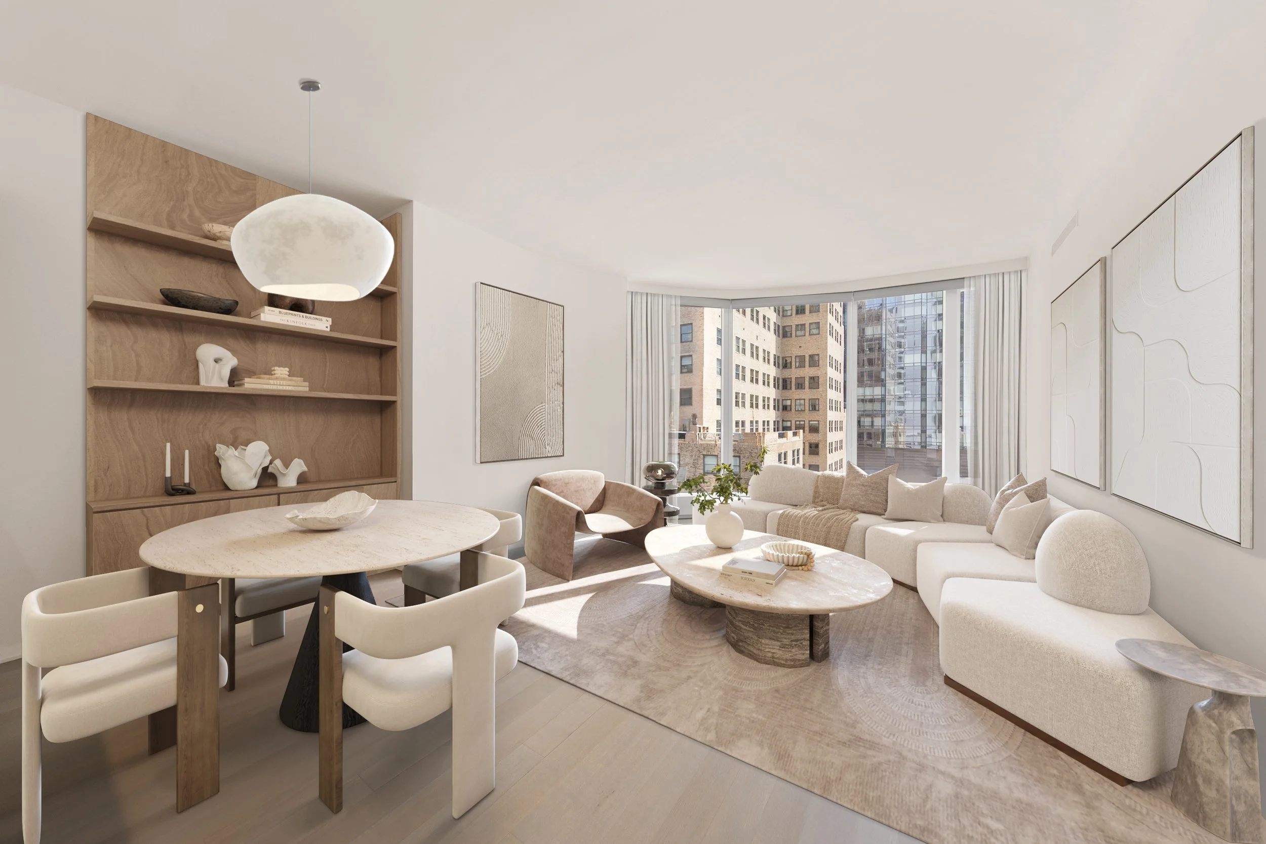 NYC Luxury Virtual staging of a Bright living room with large windows, white sectional sofa, beige armchair, oval coffee table, dining table with four chairs, built-in wooden shelves with decorative items, and modern artwork on white walls.