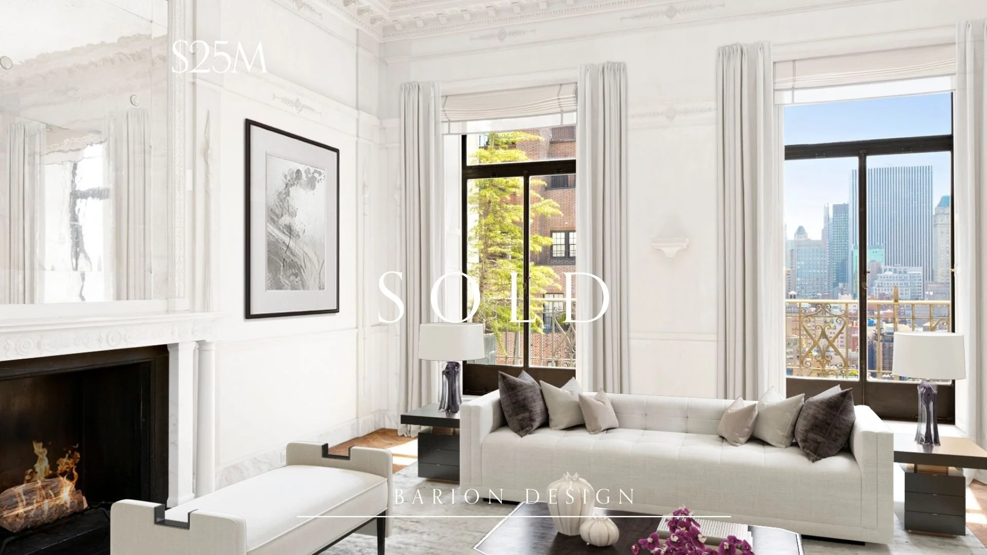A bright, modern living room with large windows showing a cityscape, white walls, and white furniture including a sofa, chairs, and lamps.