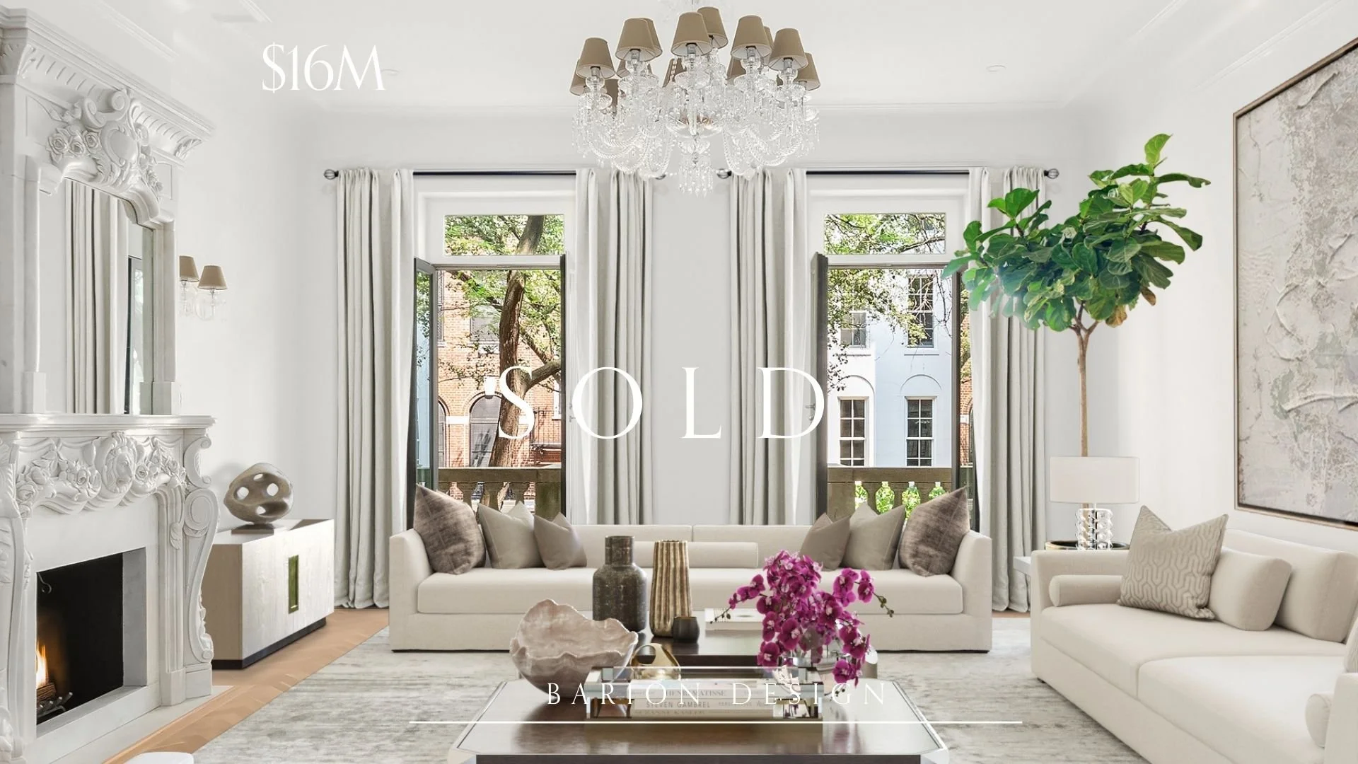 Bright living room with white walls, large windows with white curtains, a chandelier, two white sofas, a coffee table with decorative vases and flowers, a fireplace with ornate white mantel, and a tall potted plant.