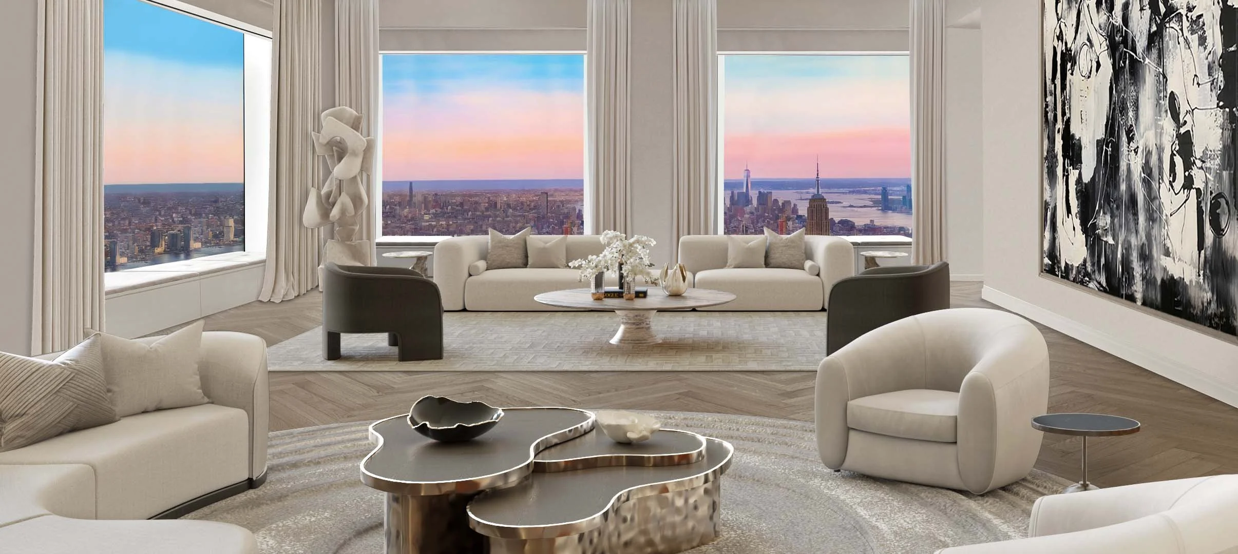 Luxury virtual staging of Manhattan penthouse living room by Barion Design