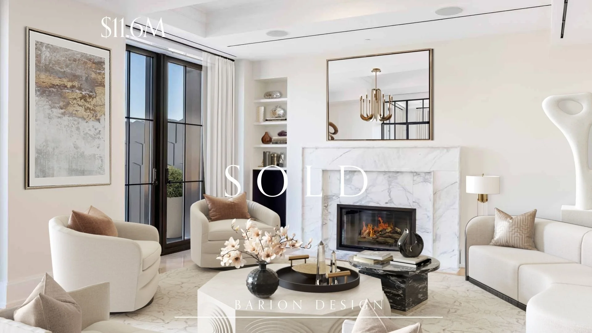 Elegant modern living room with white furniture, marble fireplace, artwork, and decorative accessories.
